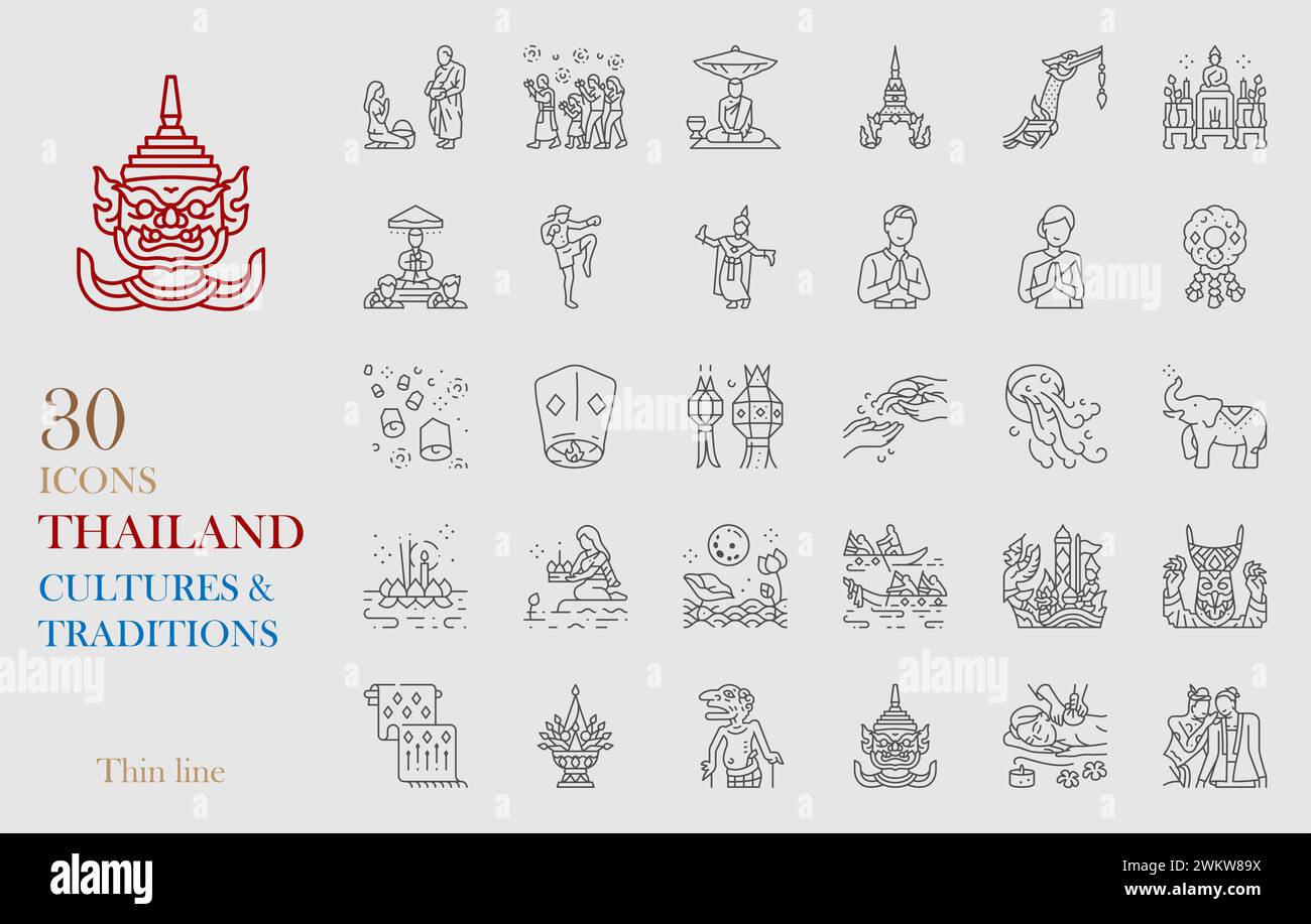 Icona tradizione thailandese imposta illustrazione vettoriale linea sottile Illustrazione Vettoriale