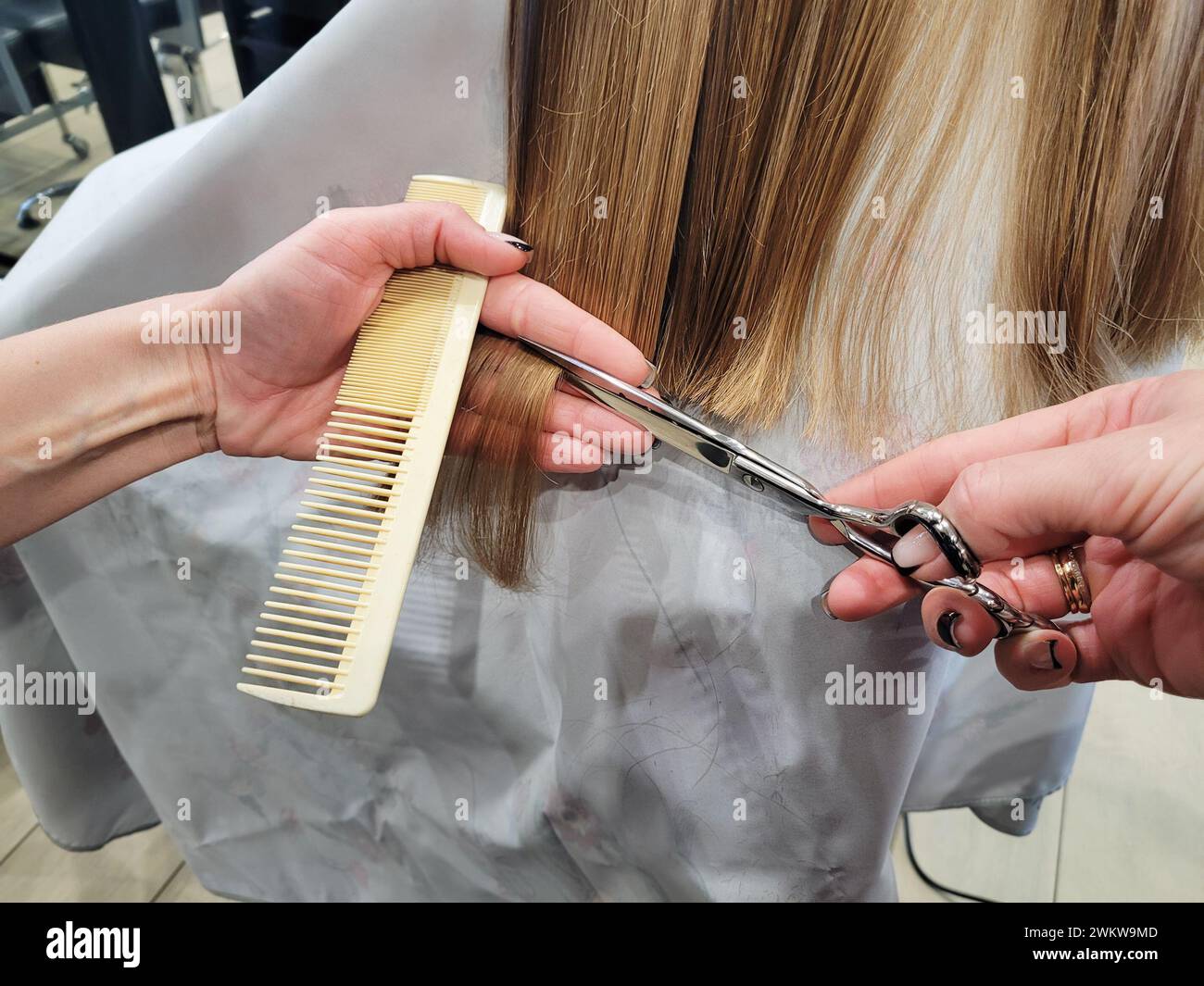 Il parrucchiere taglia i capelli con le forbici, accorcia la lunghezza dei capelli Foto Stock