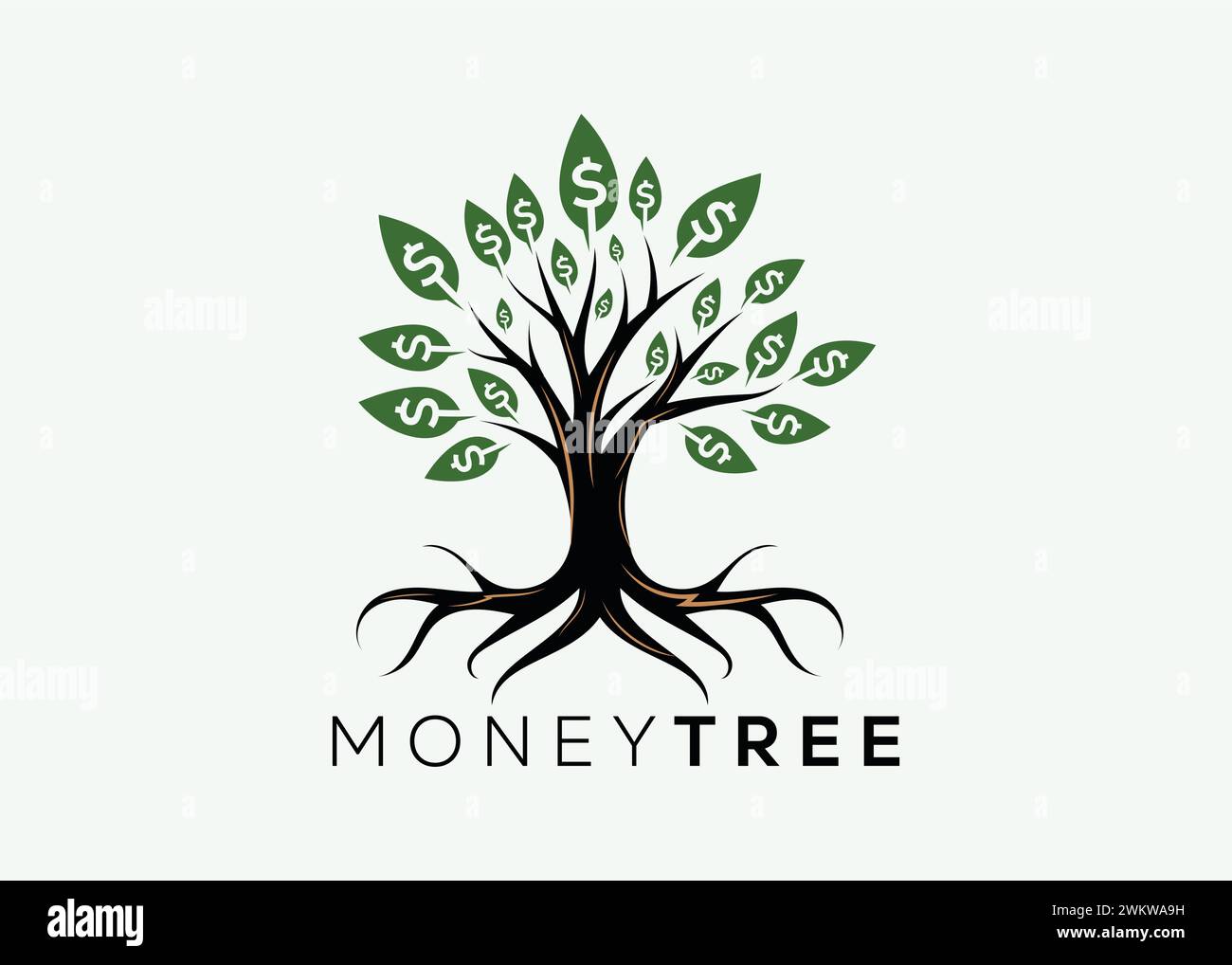 Modello vettoriale minimalista per la progettazione del logo Money Tree. Il denaro aumenta gli investimenti per il logo finanziario aziendale. Logo di investimento in denaro 3 Illustrazione Vettoriale