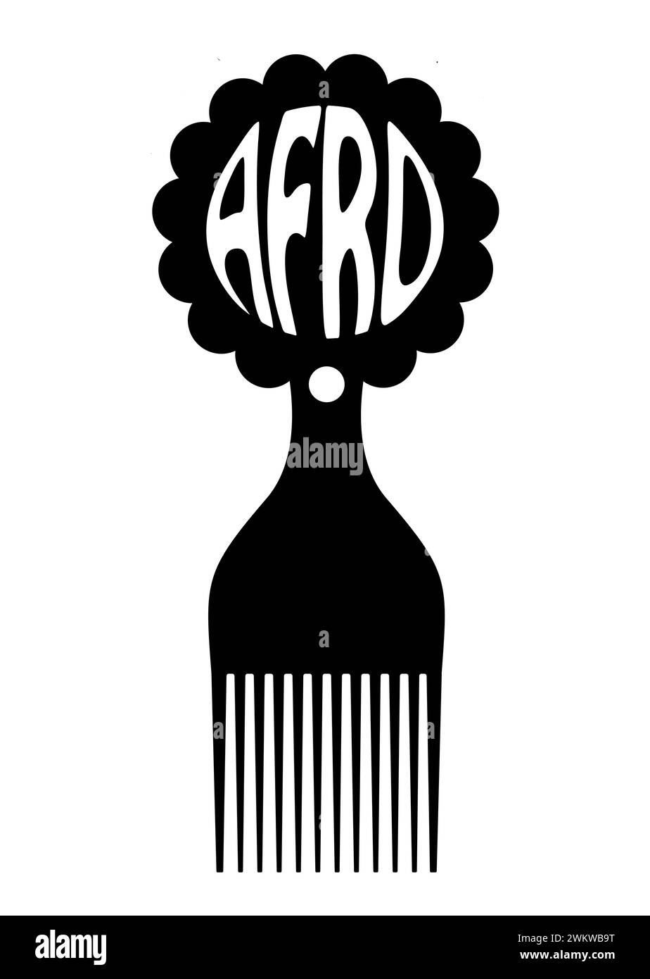 Simbolo del pettine afro, simbolo della spazzola africana per capelli ricci, design semplice e piatto della silhouette nera con scrittura di testo afro, illustrazione vettoriale isolata Illustrazione Vettoriale
