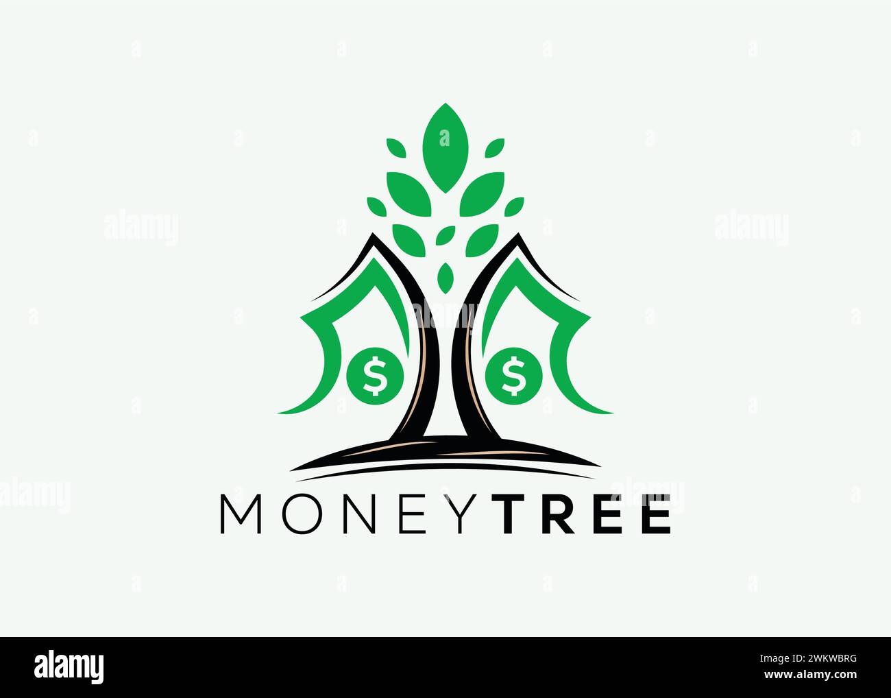 Modello vettoriale minimalista per la progettazione del logo Money Tree. Il denaro aumenta gli investimenti per il logo finanziario aziendale. Logo di investimento in denaro 3 Illustrazione Vettoriale