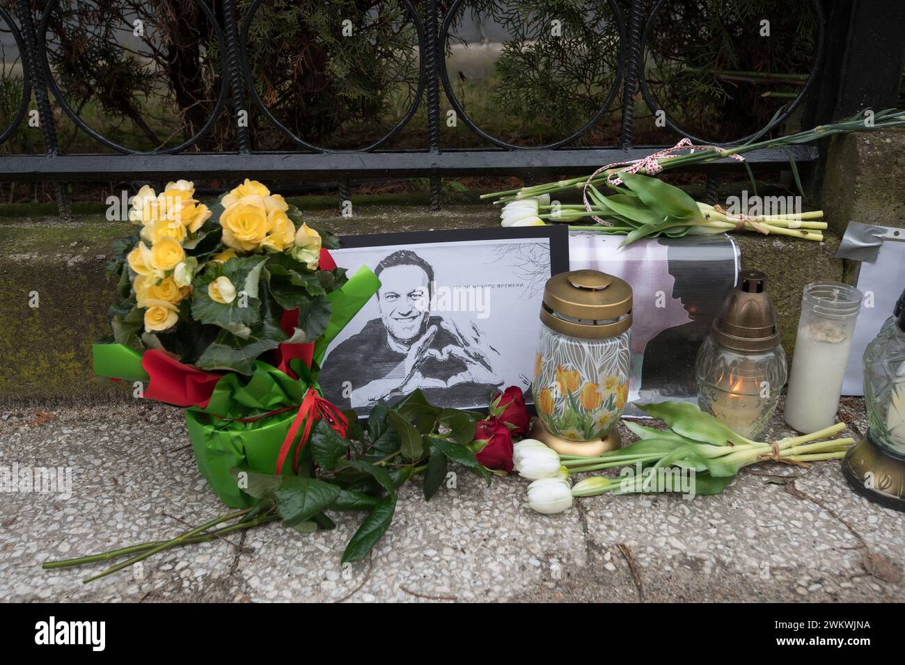 Danzica, Polonia. 22 febbraio 2024. I lori posano fiori e candele fuori dal consolato russo a Danzica per ricordare il leader dell'opposizione Alexei Navalny dopo la conferma della sua morte da parte delle autorità carcerarie © Wojciech Strozyk / Alamy Live News Foto Stock