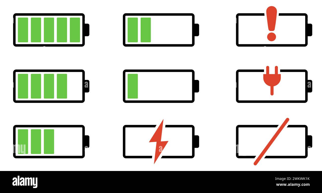 Set di icone vettoriali di ricarica della batteria. Simboli del livello di carica della batteria. Indicatore del livello di carica della batteria. Icona di ricarica rapida. Illustrazione Vettoriale