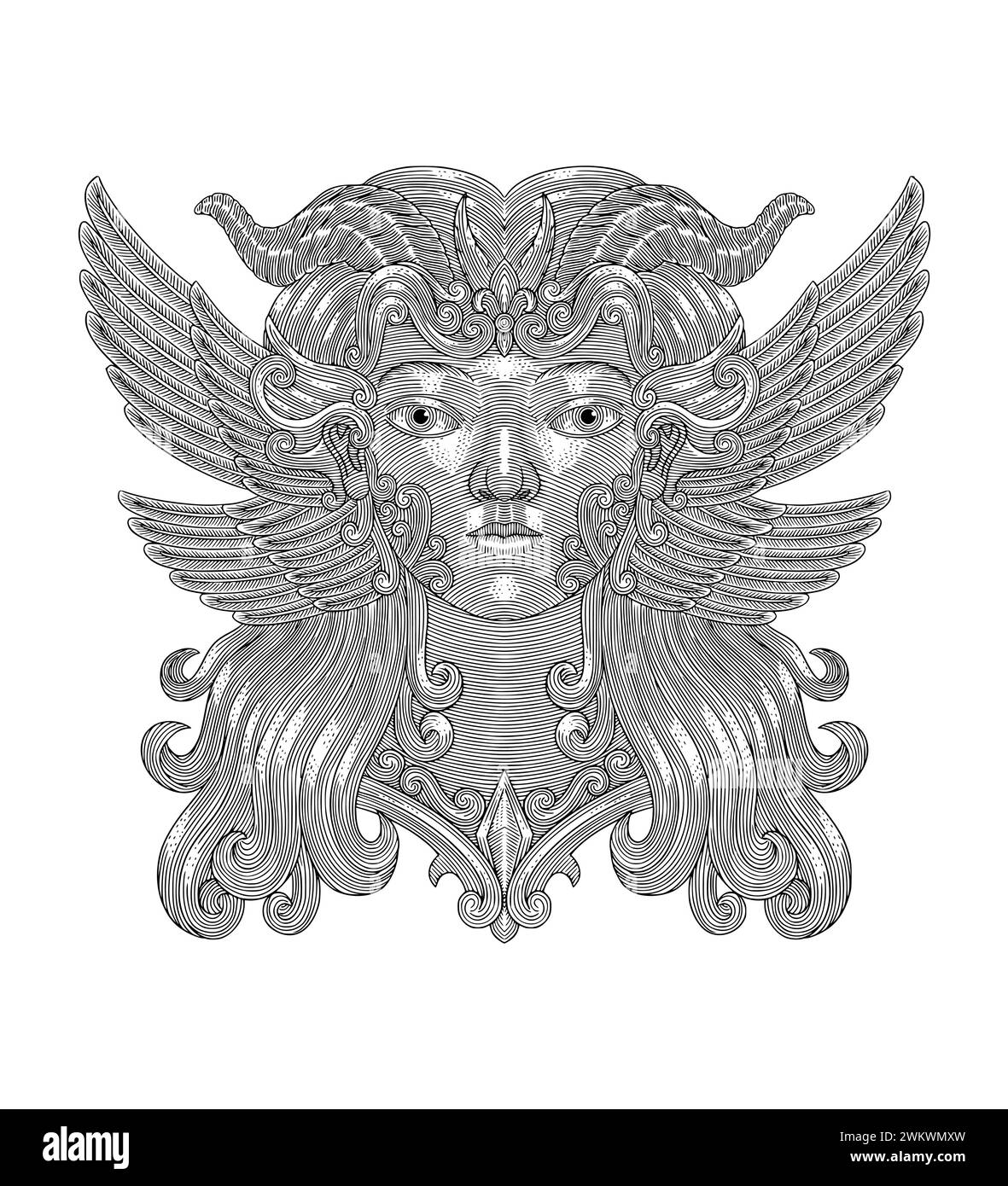 Ragazza con corno e ali, illustrazione in stile disegno con incisione Vintage Illustrazione Vettoriale