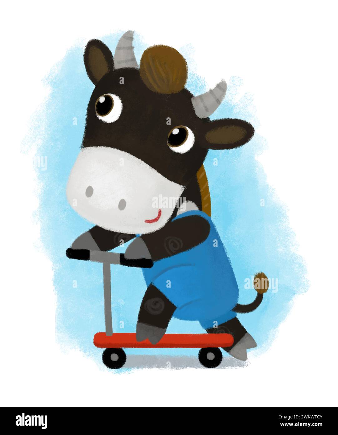 scena di cartoni animati con toro di mucca della fattoria bambino di bufalo che cavalca sullo scooter illustrazione di trasporto per bambini Foto Stock