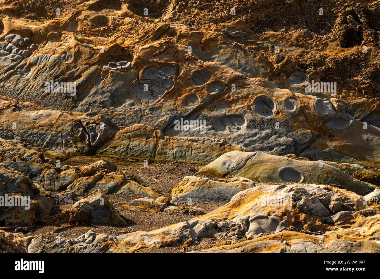 L'erosione dell'arenaria crea splendide sculture lungo Weston Beach, la riserva naturale statale di Point Lobos. Foto Stock