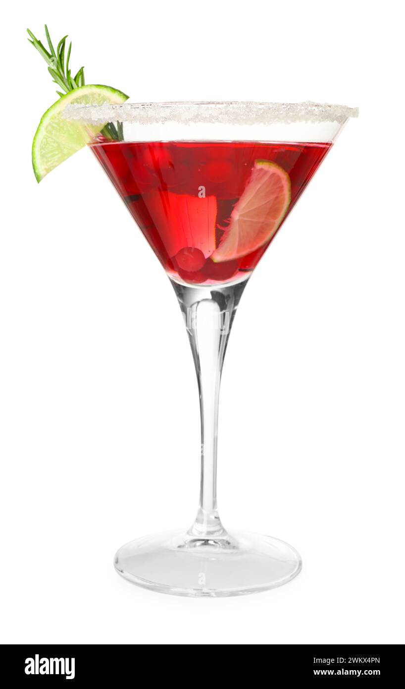 Gustoso cocktail di mirtilli con lime, zucchero e rosmarino in vetro isolato su bianco Foto Stock