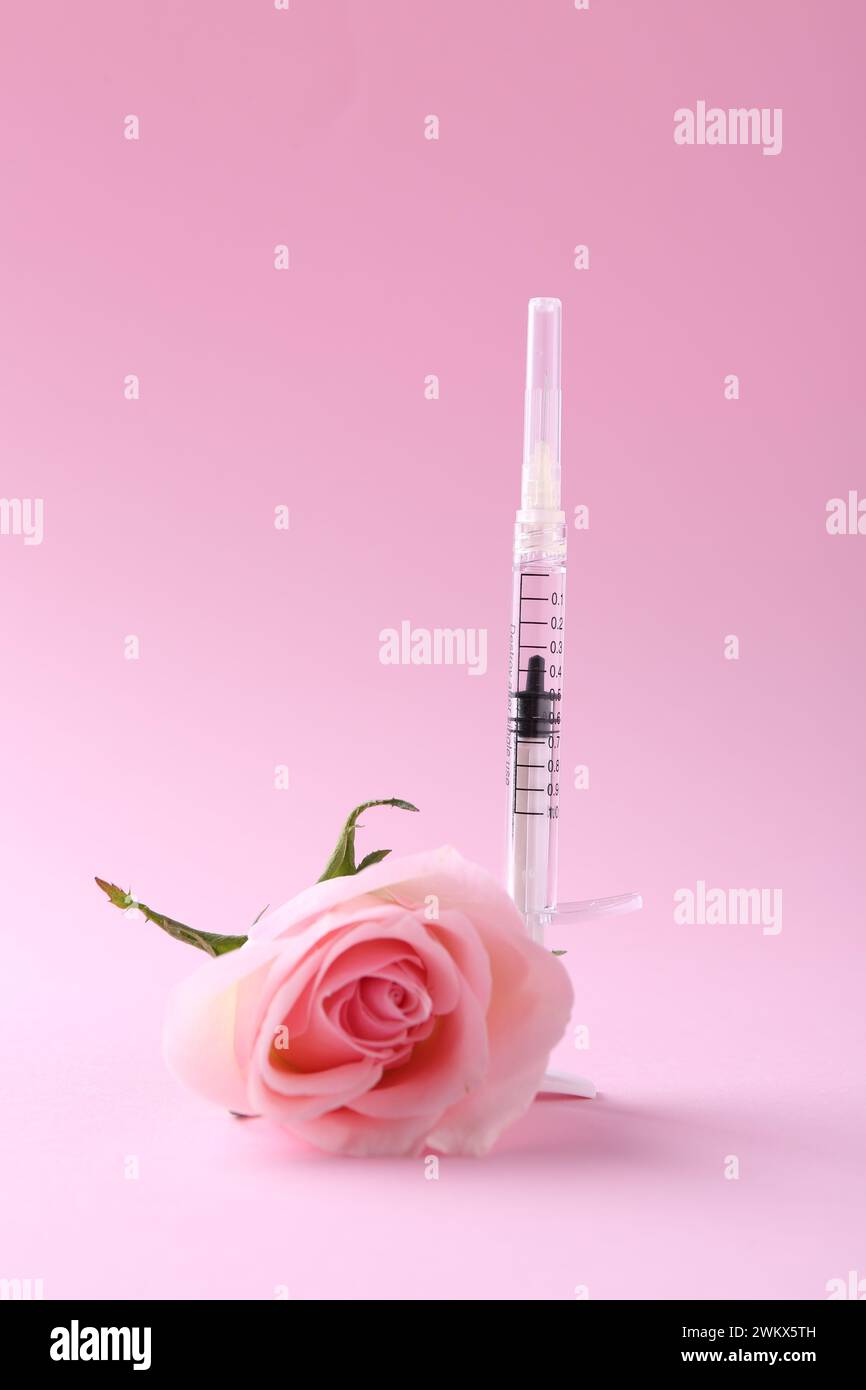 Cosmetologia. Siringa medica e fiore di rosa su sfondo rosa Foto Stock