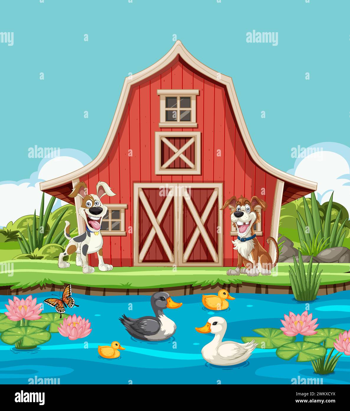 Animali da cartoni animati in un fienile e laghetto con fiori. Illustrazione Vettoriale