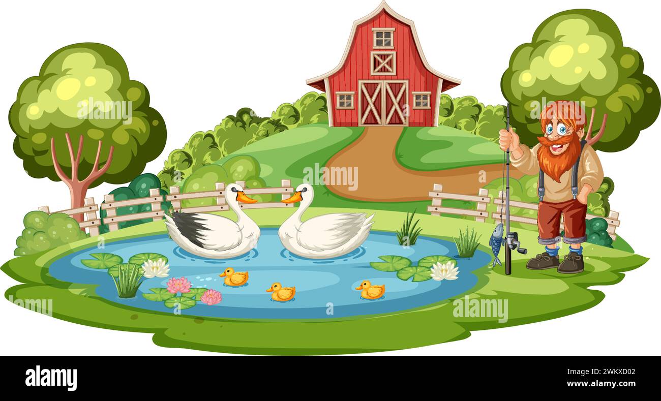 Illustrazione di un agricoltore con animali in uno stagno Illustrazione Vettoriale