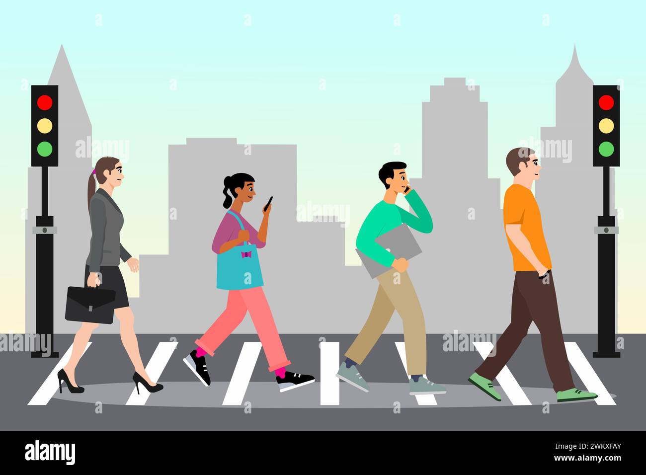 Persone che attraversano l'area pedonale nell'illustrazione City Flat Cartoon Vector. Persone che camminano attraverso l'incrocio. Illustrazione Vettoriale
