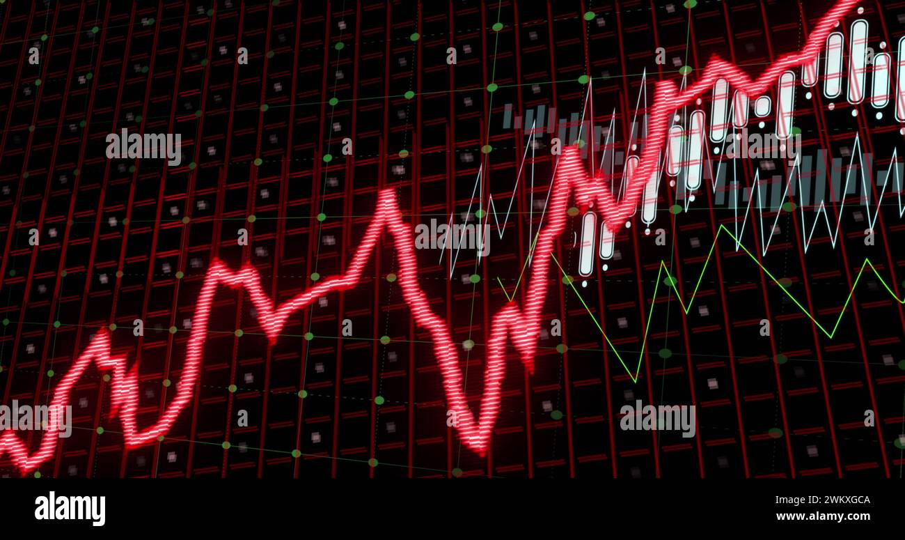 Immagine del testo di stagflazione in rosso sopra il grafico e i dati di elaborazione dei grafici Foto Stock
