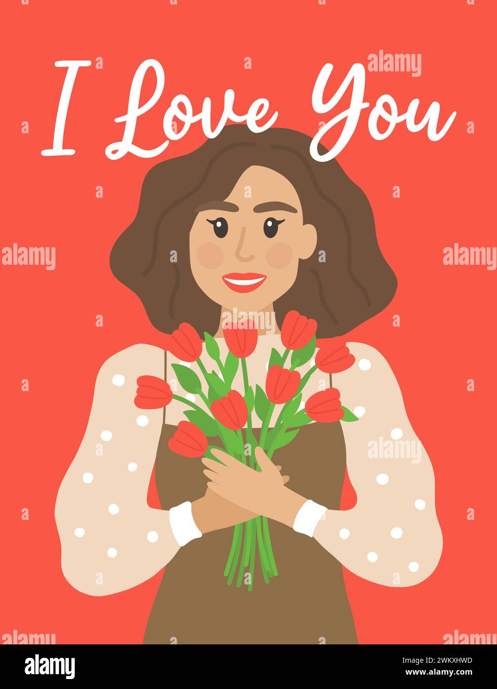 Tessera per la Festa della mamma con ragazza e bouquet. Elemento cartoni animati piatto disegnato a mano. Illustrazione vettoriale Illustrazione Vettoriale