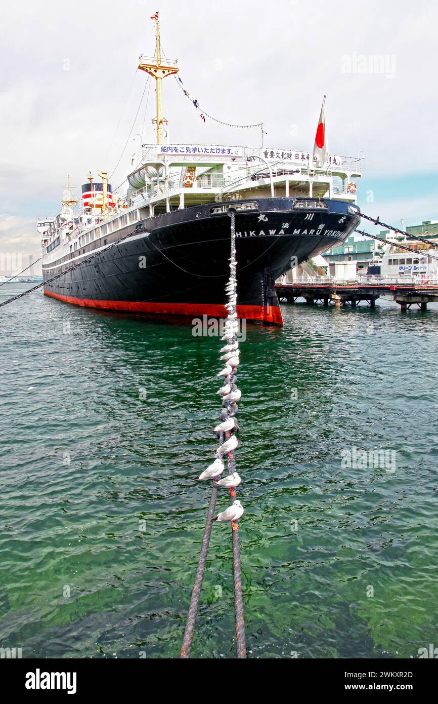 Il museo delle navi NYK Hikawa Maru nel parco Yamashita a Yokohama, prefettura di Kanagawa, Giappone. Foto Stock
