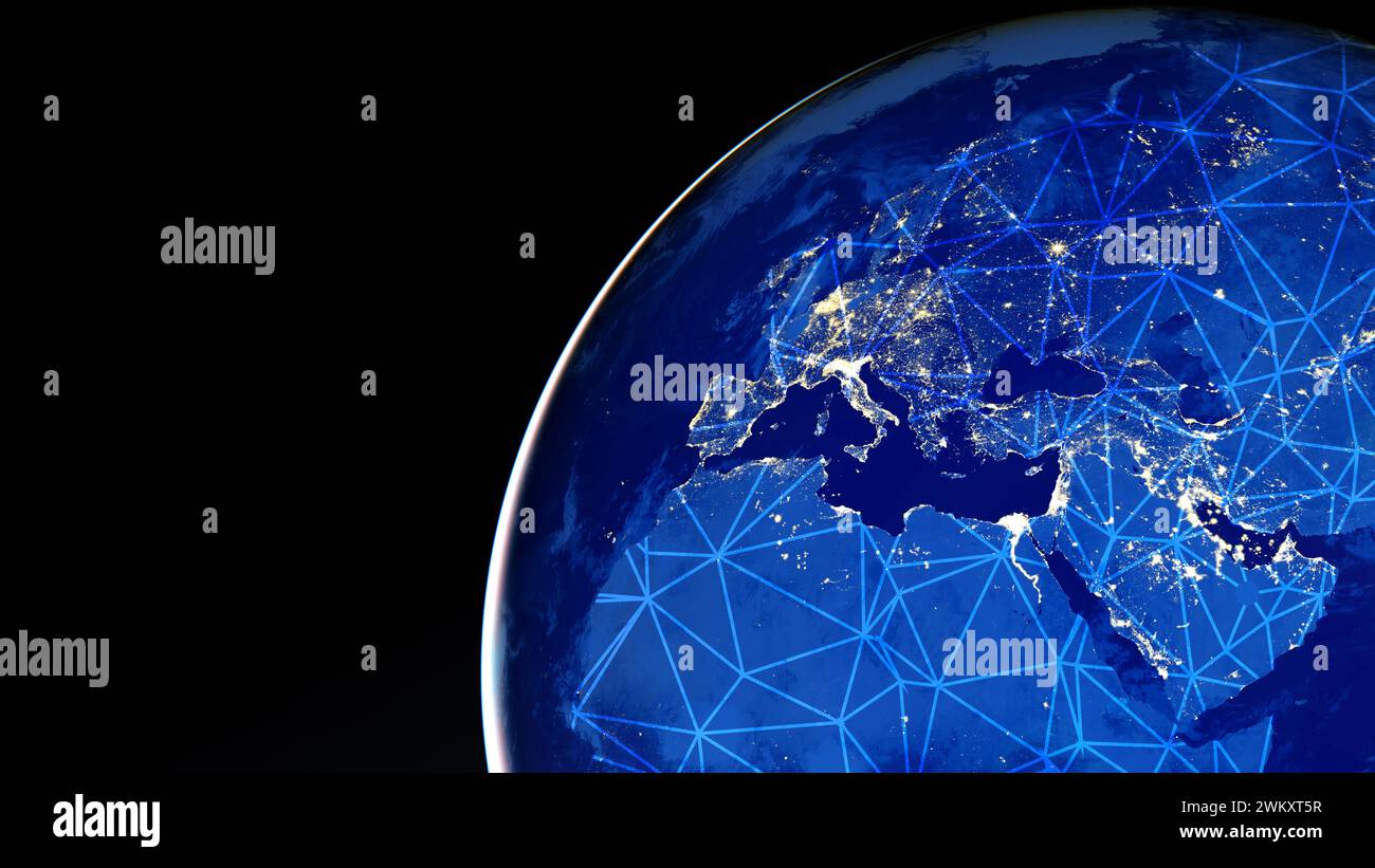 Rete globale in tutto il mondo. Concetto di infrastruttura di rete digitale. Elementi di questa immagine forniti dalla NASA. Foto Stock