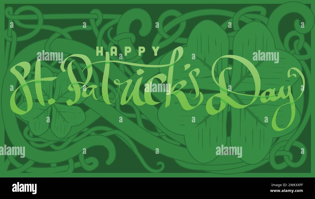 lettere a mano giorno st patricks con illustrazione del vettore radice del nodo cletico astratto verde Illustrazione Vettoriale