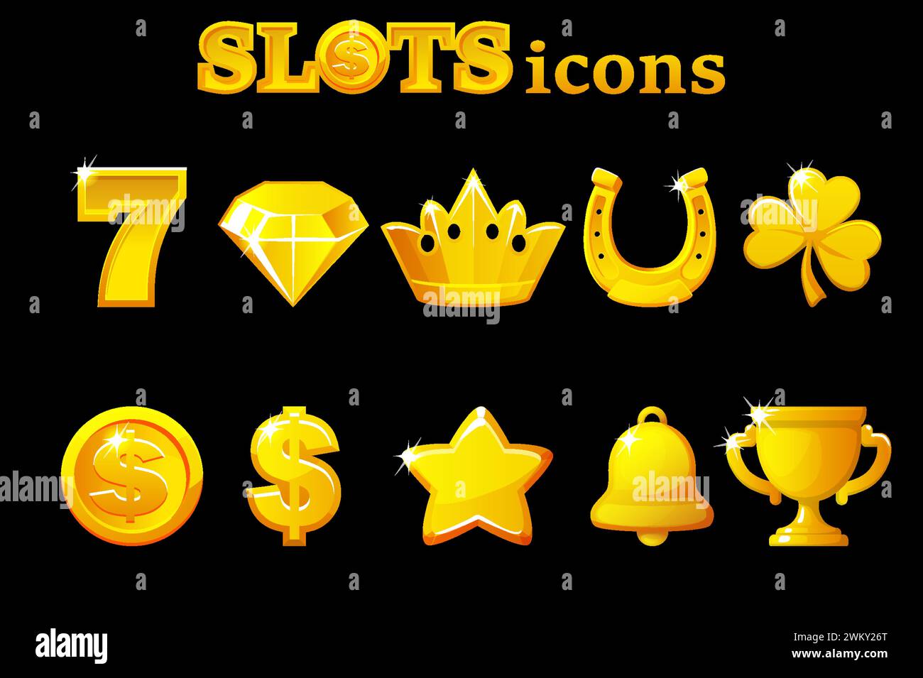 Collezione di simboli della slot machine in oro classica. Icone del casinò Illustrazione Vettoriale