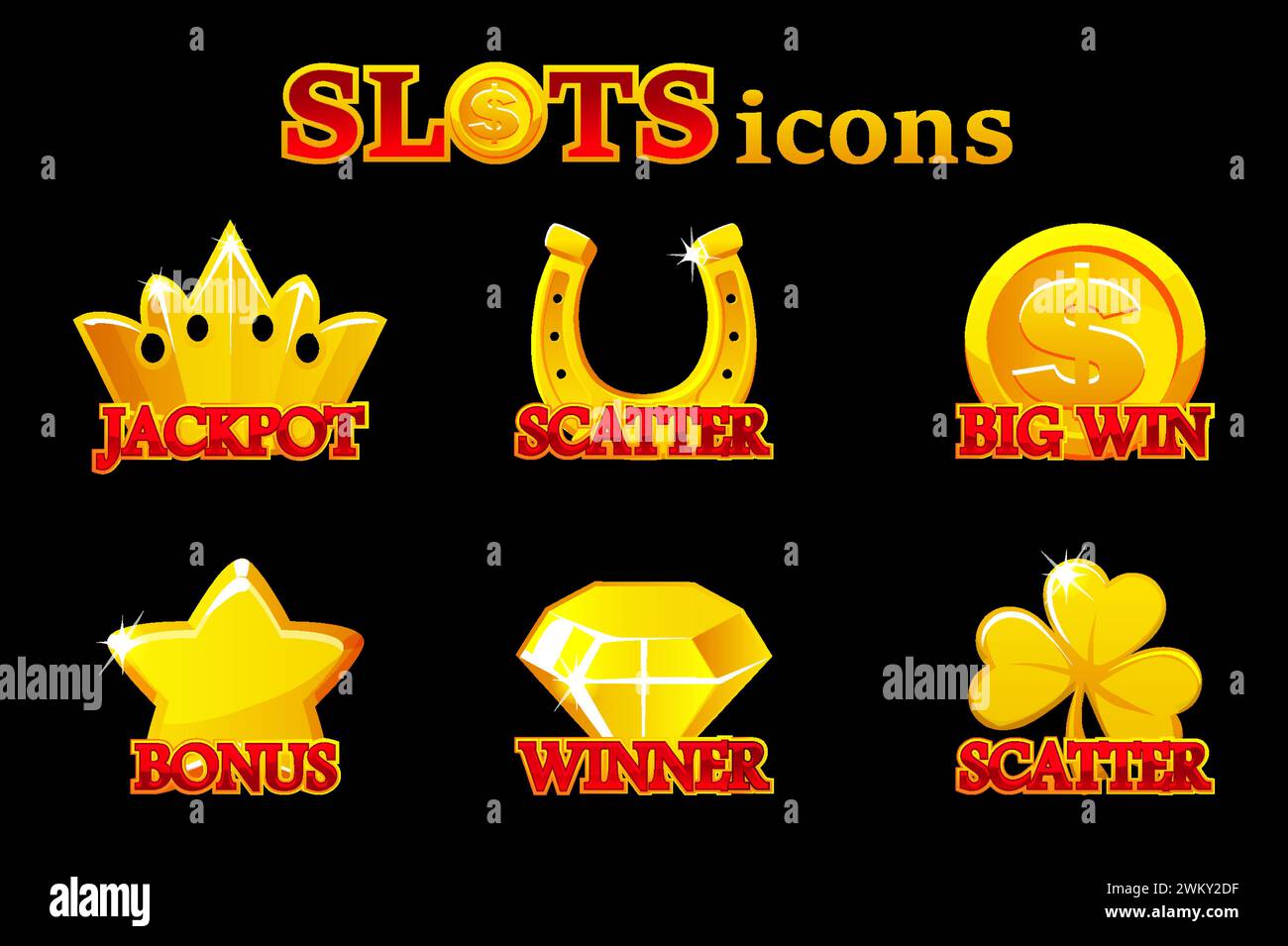 Collezione di simboli della slot machine in oro classica. Le icone del casinò si diffondono, vincita, vincitore, jackpot e bonus Illustrazione Vettoriale