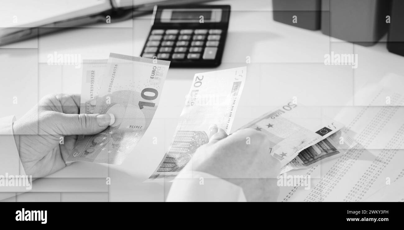 Contabile donna che conta le banconote, modello geometrico Foto Stock