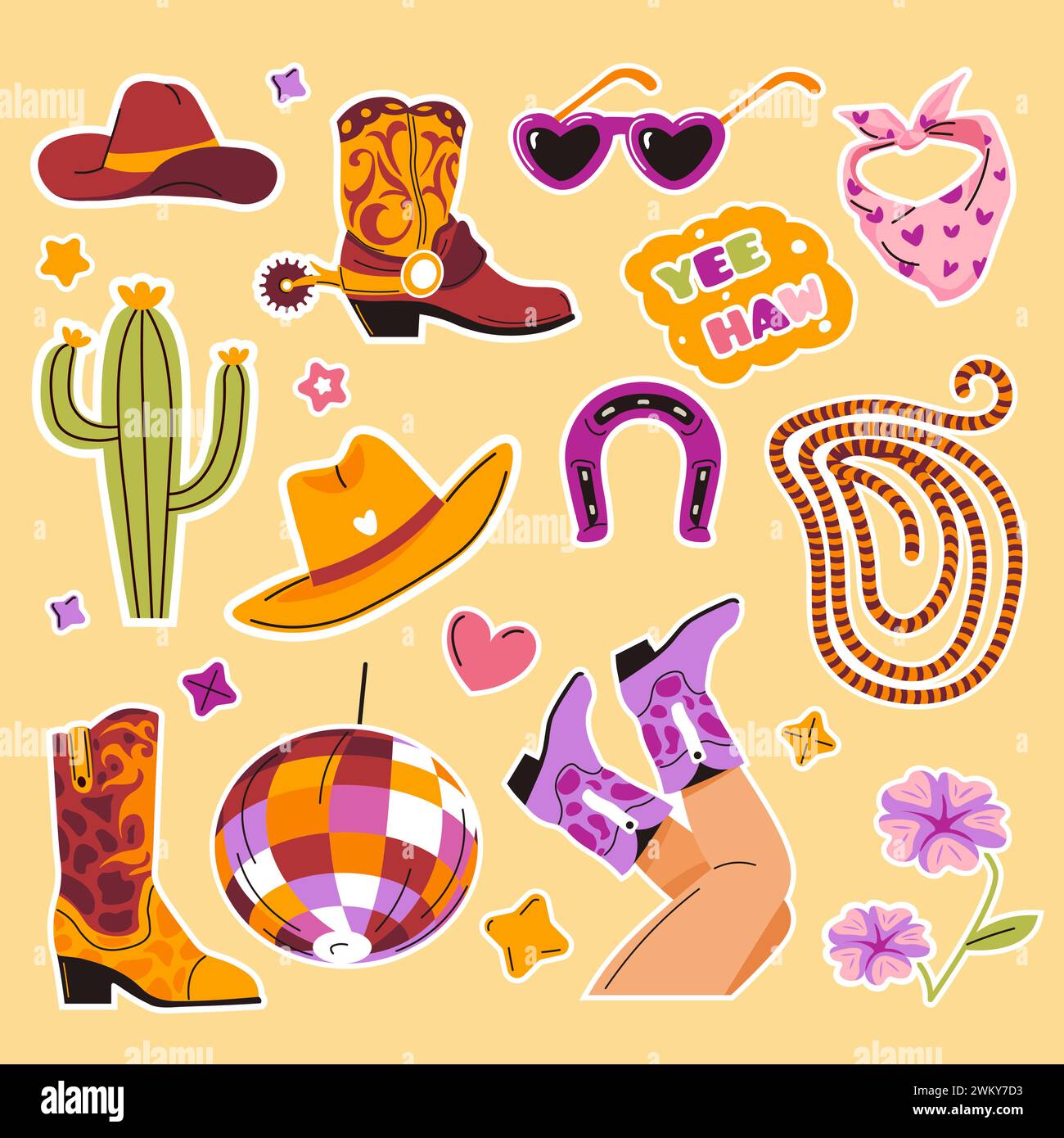 Set di adesivi a tema Wild West Illustrazione Vettoriale