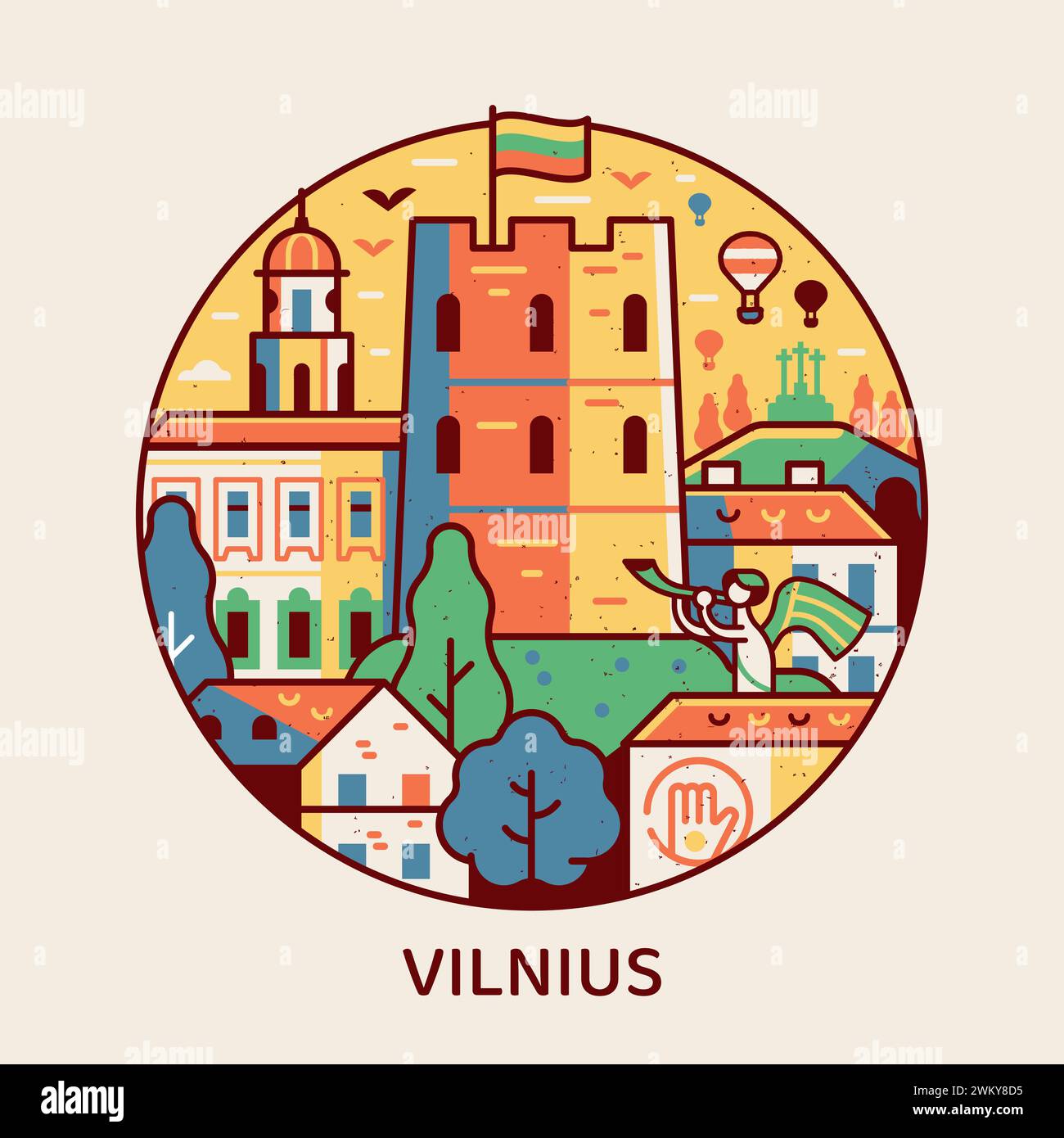 Viaggia sull'icona di Vilnius con la Torre del Castello e la Città Vecchia Illustrazione Vettoriale