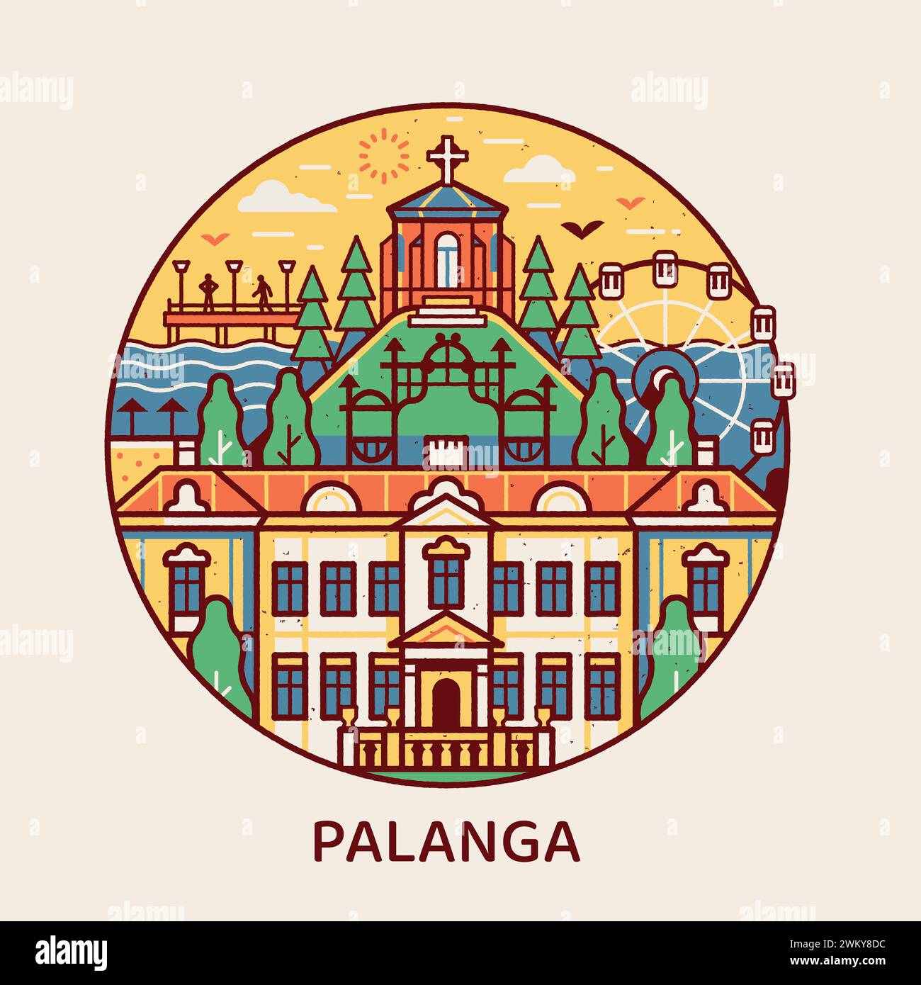 Viaggia sulla Palanga Line Circle Icon con il museo dell'ambra Illustrazione Vettoriale