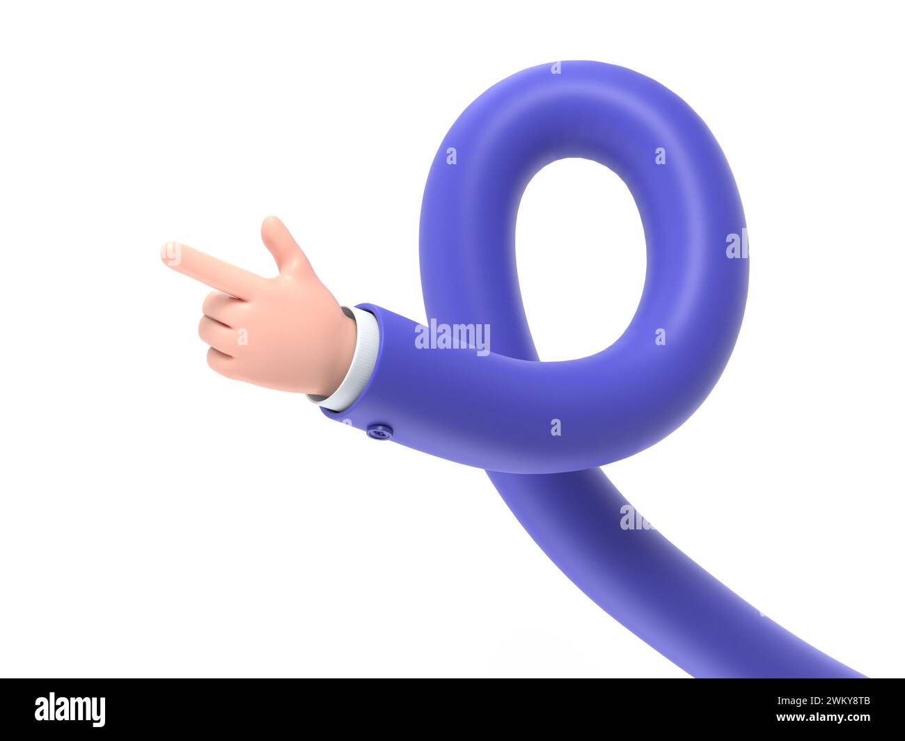 Icona dei gesti dei cartoni animati Mockup.Cartoon Character gesto di puntamento della mano. Rendering 3D su sfondo bianco.concetto di bracci lunghi. Foto Stock