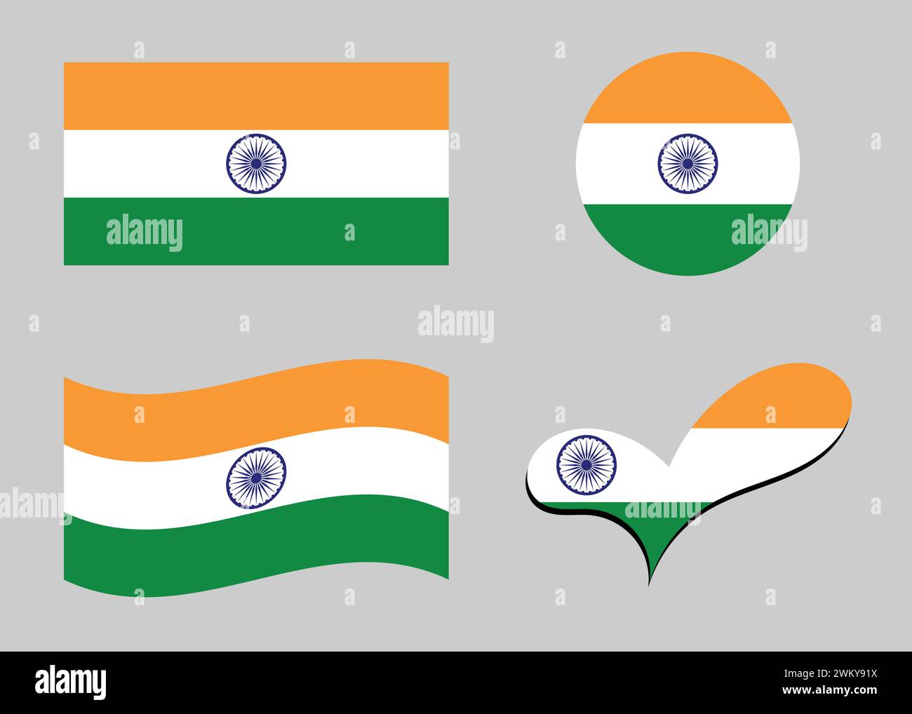 Bandiera indiana. Bandiera dell'India a forma di cuore. Bandiera dell'India a forma di cerchio. Variazioni della bandiera del paese. Illustrazione Vettoriale