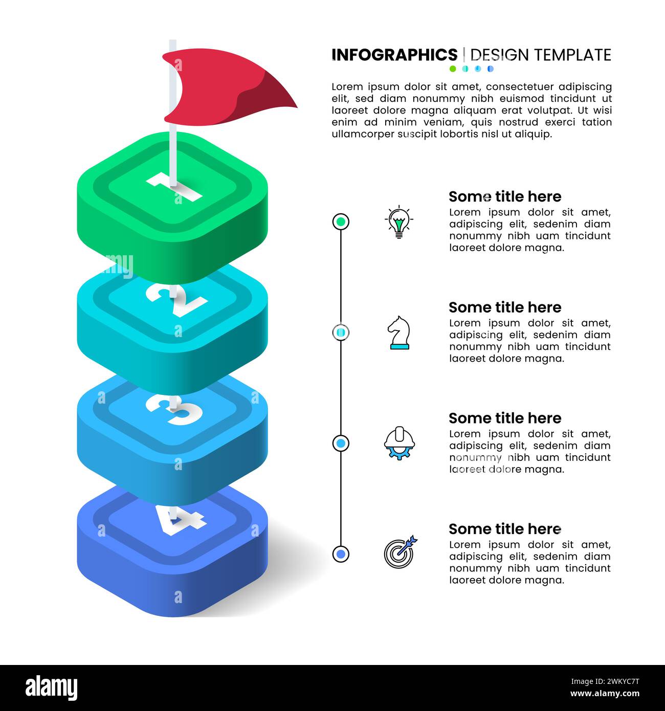 Modello infografico con icone e 4 opzioni o passaggi. Bandiera. Può essere utilizzato per layout del flusso di lavoro, banner, diagrammi, webdesign. Illustrazione vettoriale Illustrazione Vettoriale