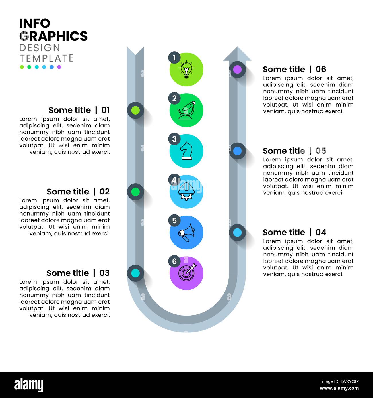Modello infografico con icone e 6 opzioni o passaggi. Freccia. Può essere utilizzato per il layout del flusso di lavoro, il diagramma, il banner, il webdesign. Illustrazione vettoriale Illustrazione Vettoriale