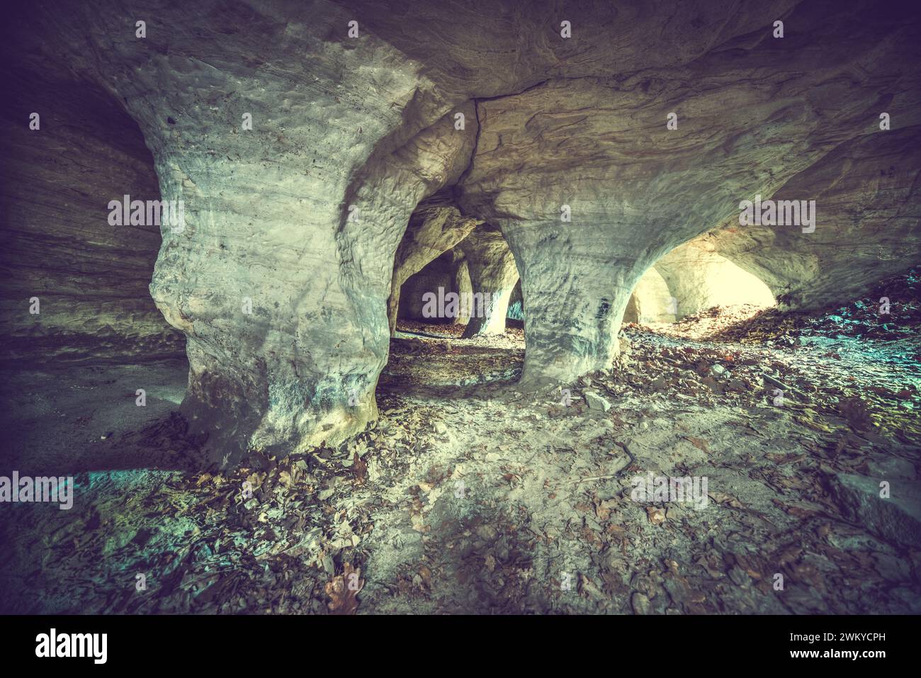 Grotta a 14 colonne nascosta nel profondo della foresta della Turingia Foto Stock