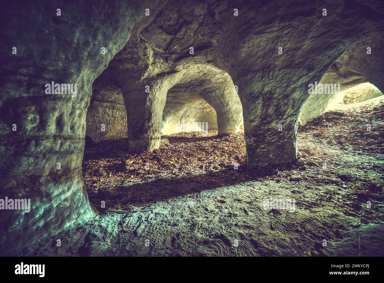 Grotta a 14 colonne nascosta nel profondo della foresta della Turingia Foto Stock