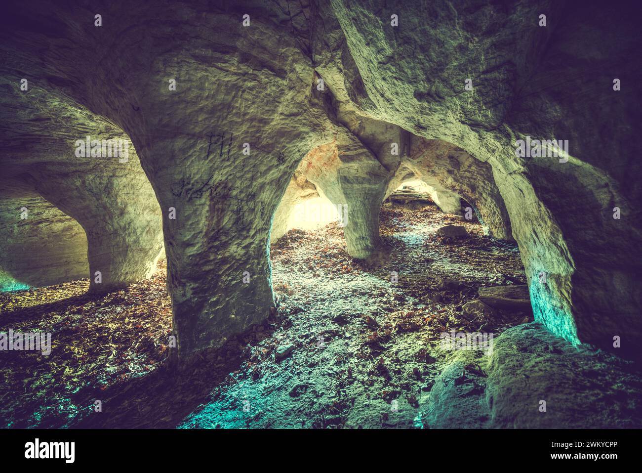 Grotta a 14 colonne nascosta nel profondo della foresta della Turingia Foto Stock