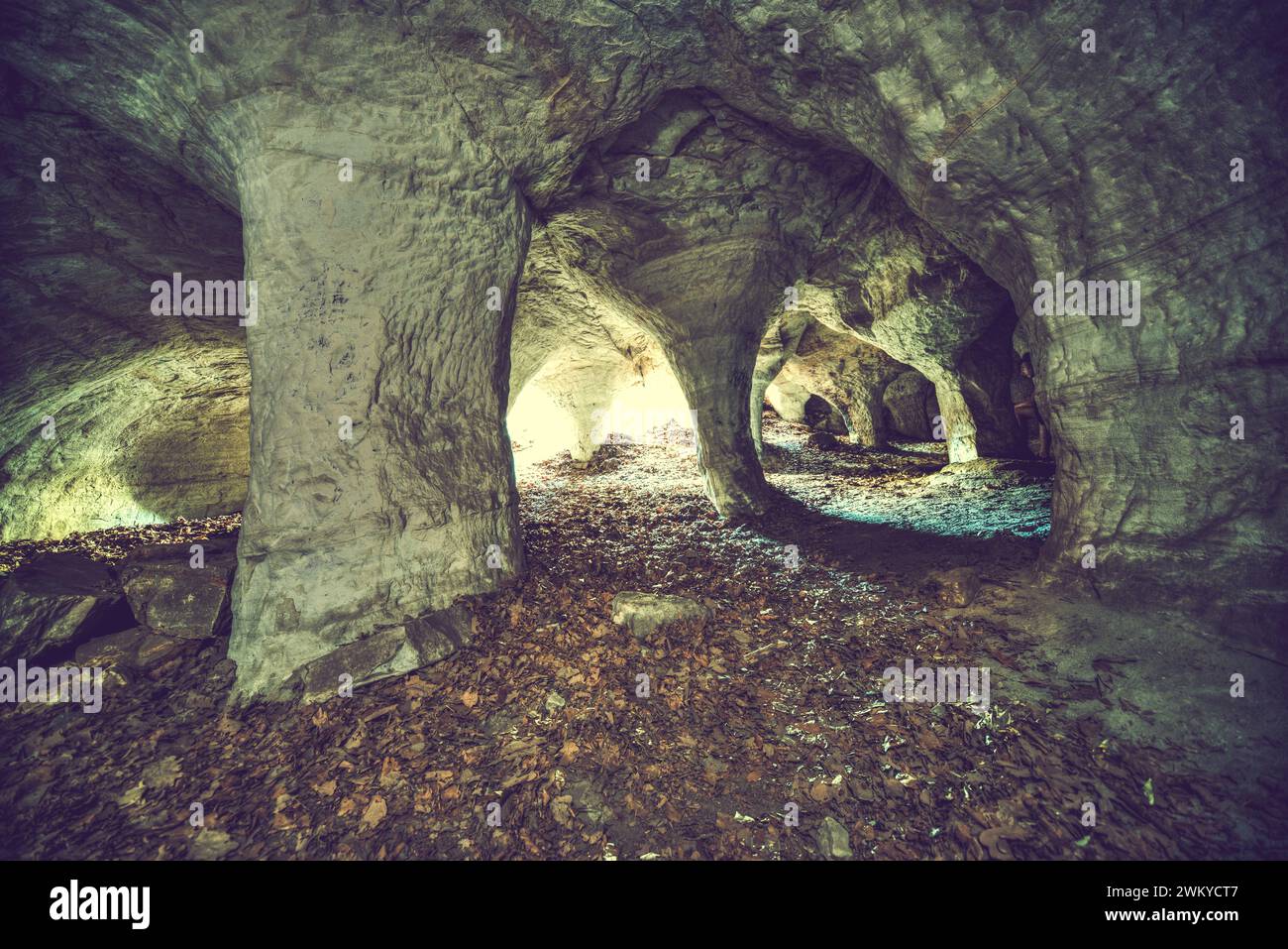 Grotta a 14 colonne nascosta nel profondo della foresta della Turingia Foto Stock
