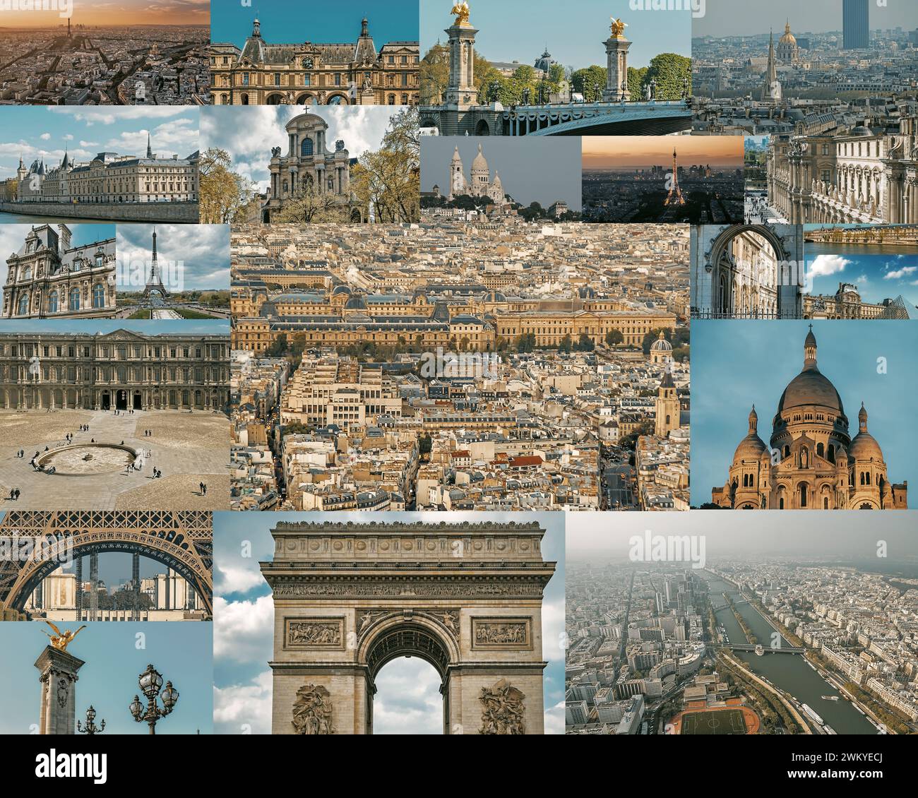 Collage di famosi monumenti di Parigi. Bellissime foto della Torre Eiffel di Parigi e di altri luoghi famosi Foto Stock