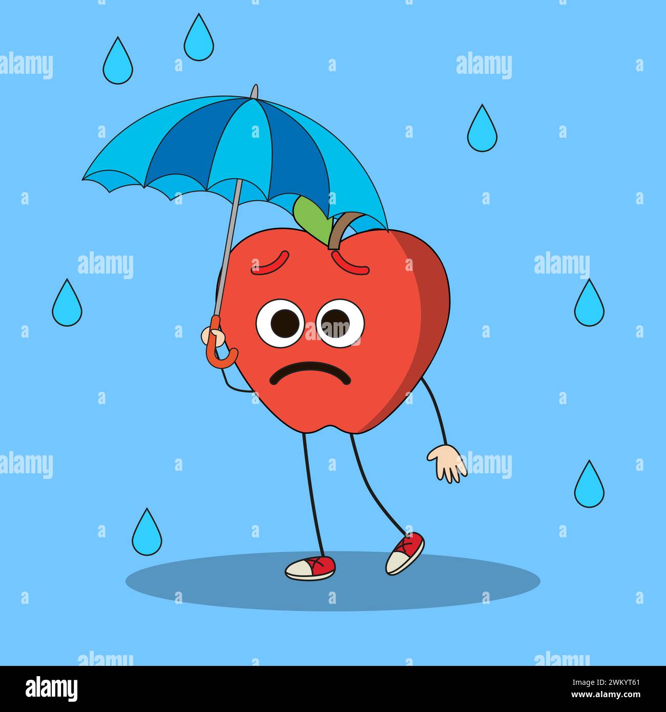 Illustrazione d'arte Doodle Kawaii Fruits Symbol Character Apple Mascot attività di Hold Umbrella Illustrazione Vettoriale