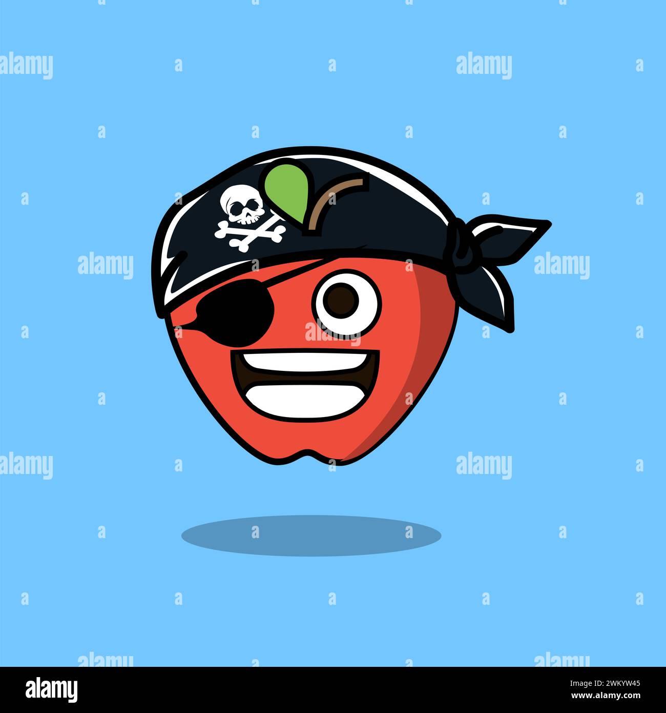 Illustrazione artistica Doodle Kawaii Fruits Symbol Character Apple Mascot indossare il cappello dei pirati Illustrazione Vettoriale