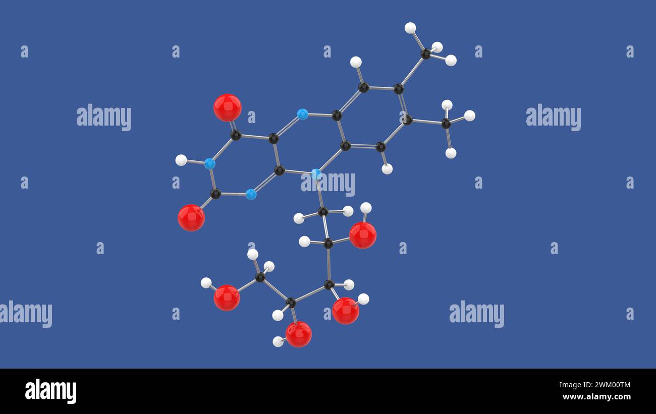 Struttura molecolare 3D della riboflavina della vitamina B2, su sfondo blu, illustrazione di rendering 3D. Foto Stock