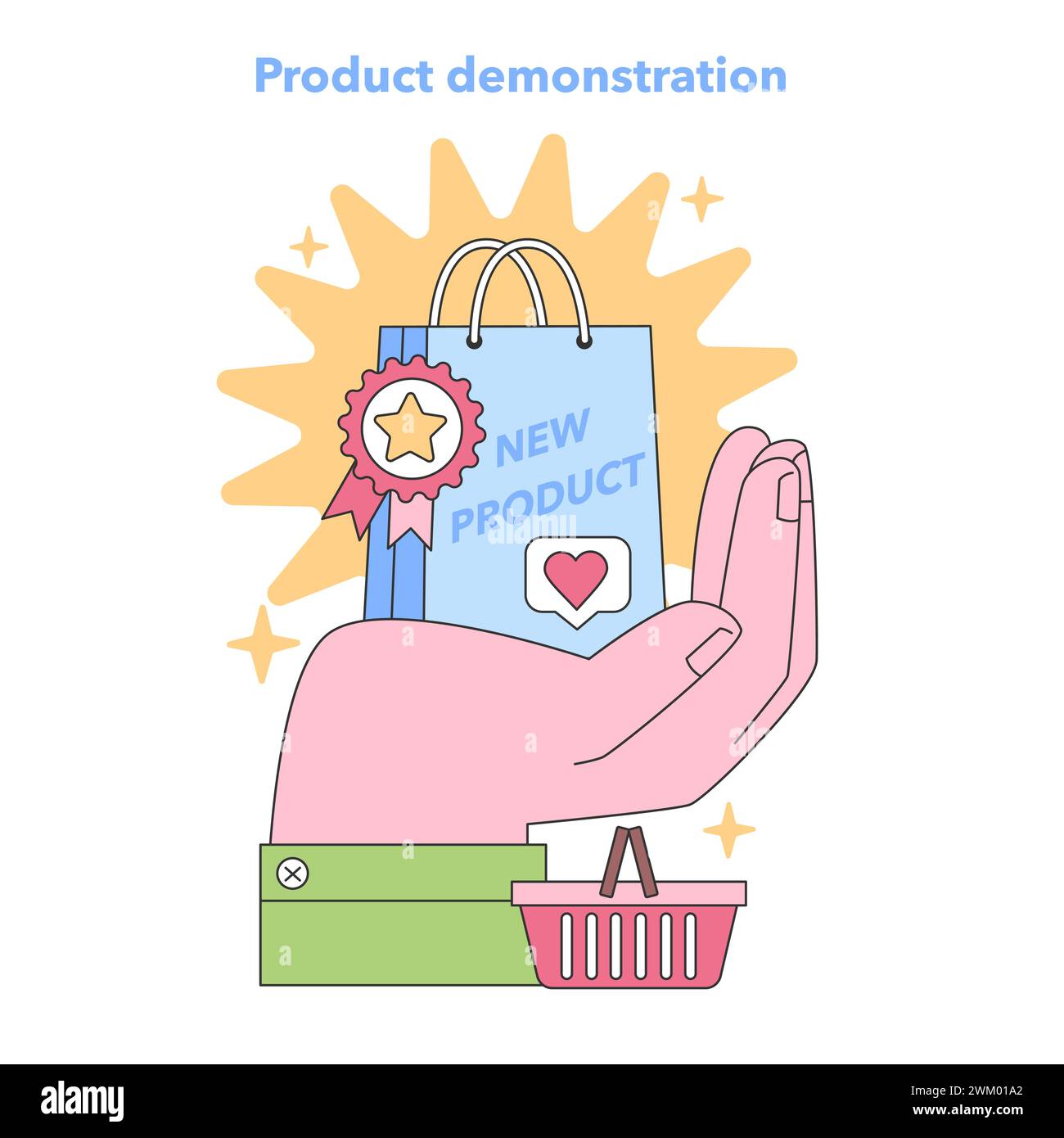 Presentazione di prodotti innovativi. Una mano che presenta un nuovo articolo con distintivo premio e carrello della spesa, simboleggiando il successo del lancio. Illustrazione vettoriale piatta Illustrazione Vettoriale