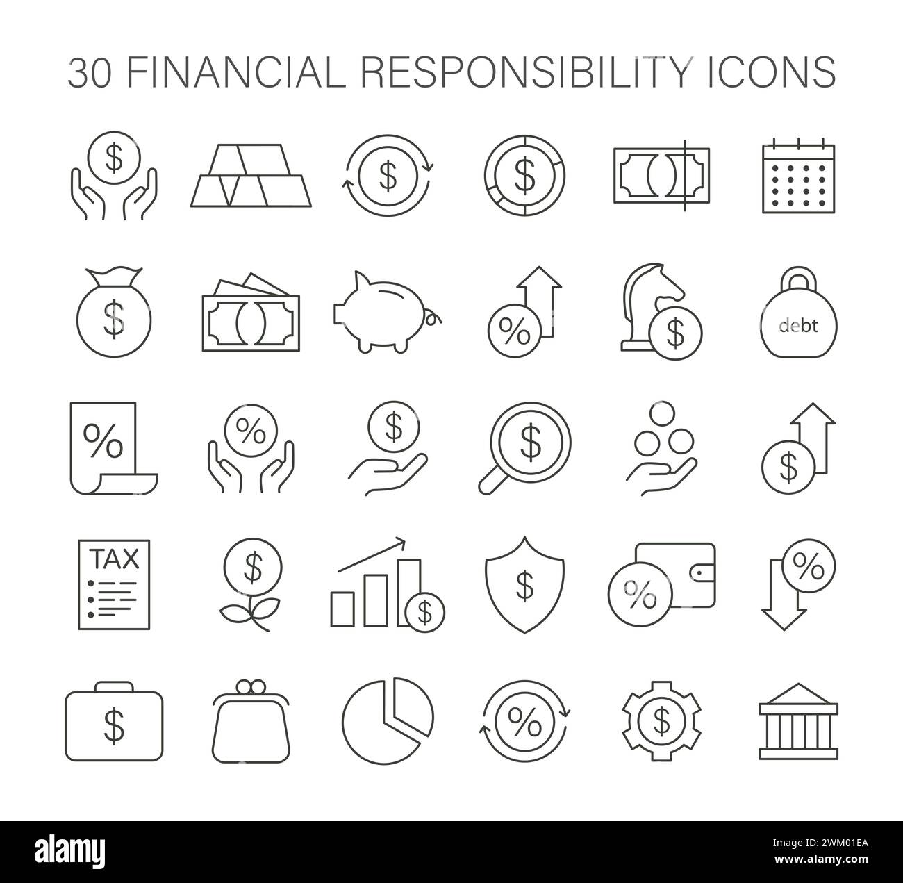 Una raccolta di icone di responsabilità finanziaria, che rappresentano risparmi, investimenti, tasse e gestione del debito per una chiara comunicazione visiva. Illustrazione vettoriale piatta. Illustrazione Vettoriale