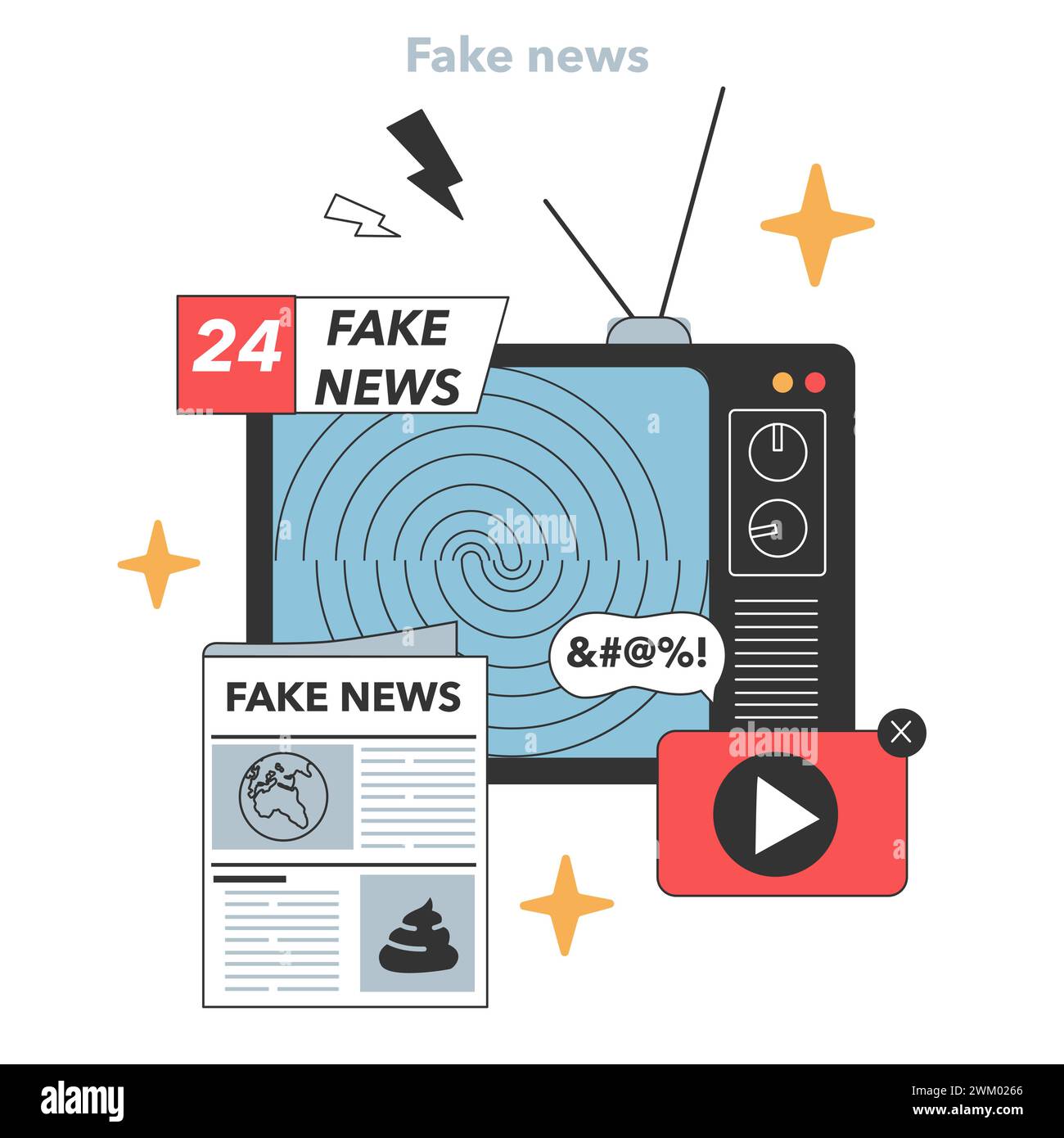 La televisione tradizionale trasmette notizie false e vorticose, accompagnate da un giornale ingannevole e da un'icona video fuorviante. Illustrazione vettoriale piatta Illustrazione Vettoriale