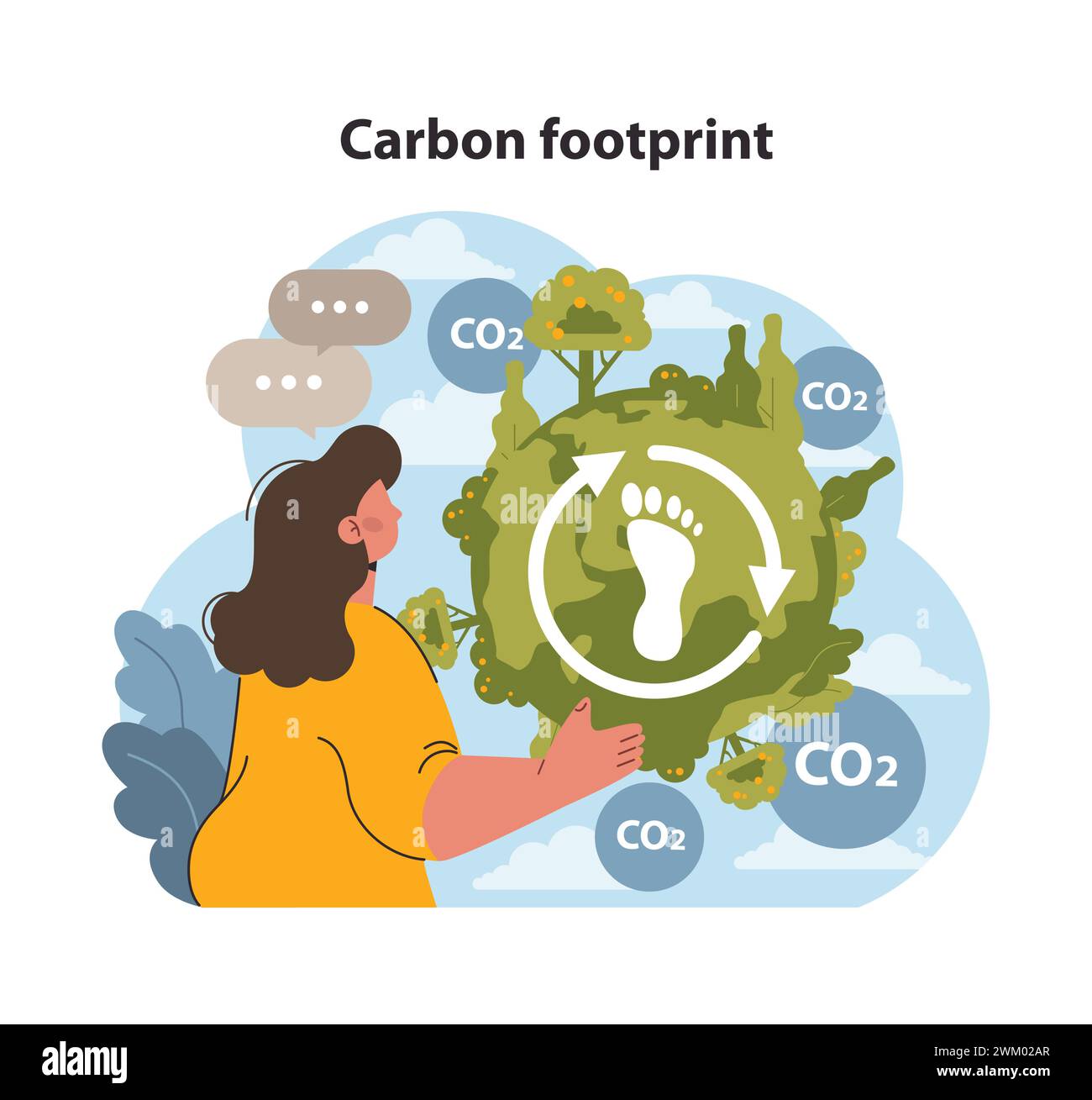Donna che presenta il concetto di impronta di carbonio circondato da simboli di CO2 e natura verde. Enfatizzare la responsabilità ambientale. Illustrazione vettoriale piatta. Illustrazione Vettoriale