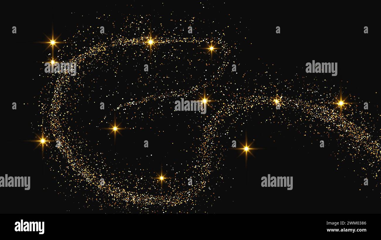 Onde di coriandoli scintillanti e polvere di stelle. Set di tre sfondi con scintille magiche dorate su sfondo scuro. Illustrazione vettoriale Illustrazione Vettoriale