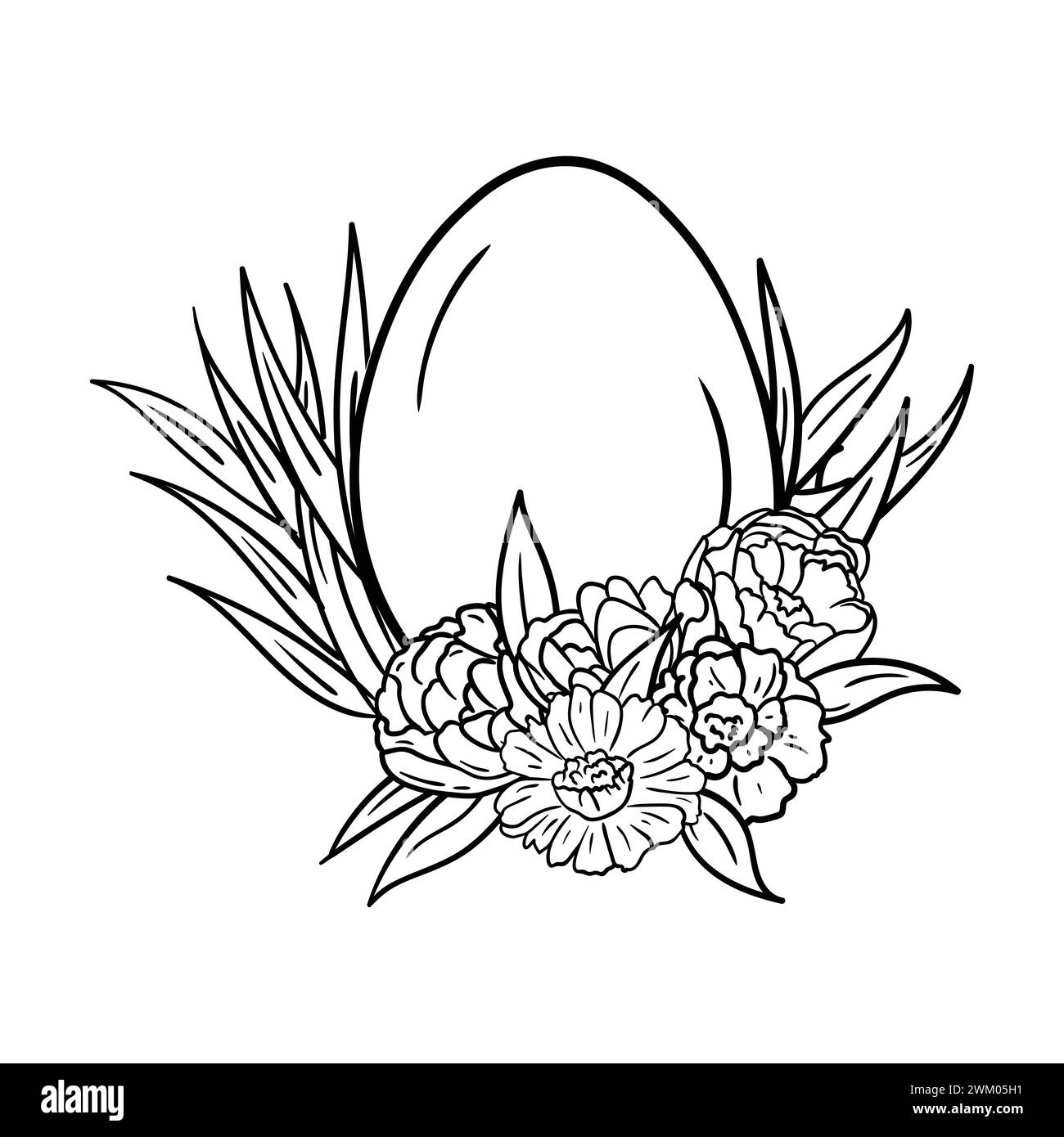 Pagina da colorare dell'uovo di Pasqua in erba e fiori. Immagine in bianco e nero. Immagine vettoriale per una cartolina. Illustrazione Vettoriale