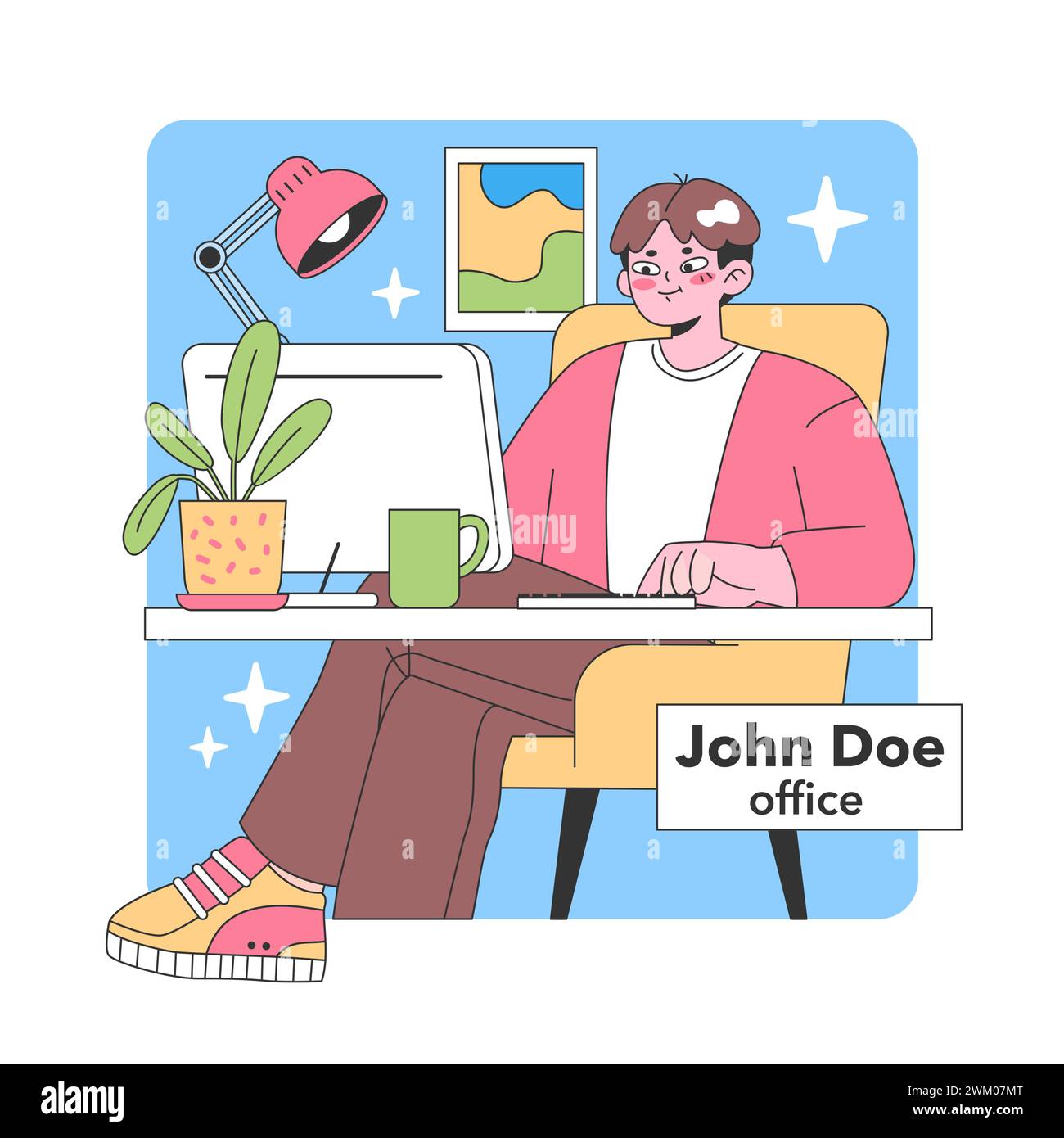 Concetto di spazio di lavoro dedicato. Un individuo attento, coinvolto nelle sue attività presso la sua scrivania personalizzata, adornato con accessori essenziali e opere d'arte incorniciate. Produttività al suo massimo. Vettore piatto Illustrazione Vettoriale
