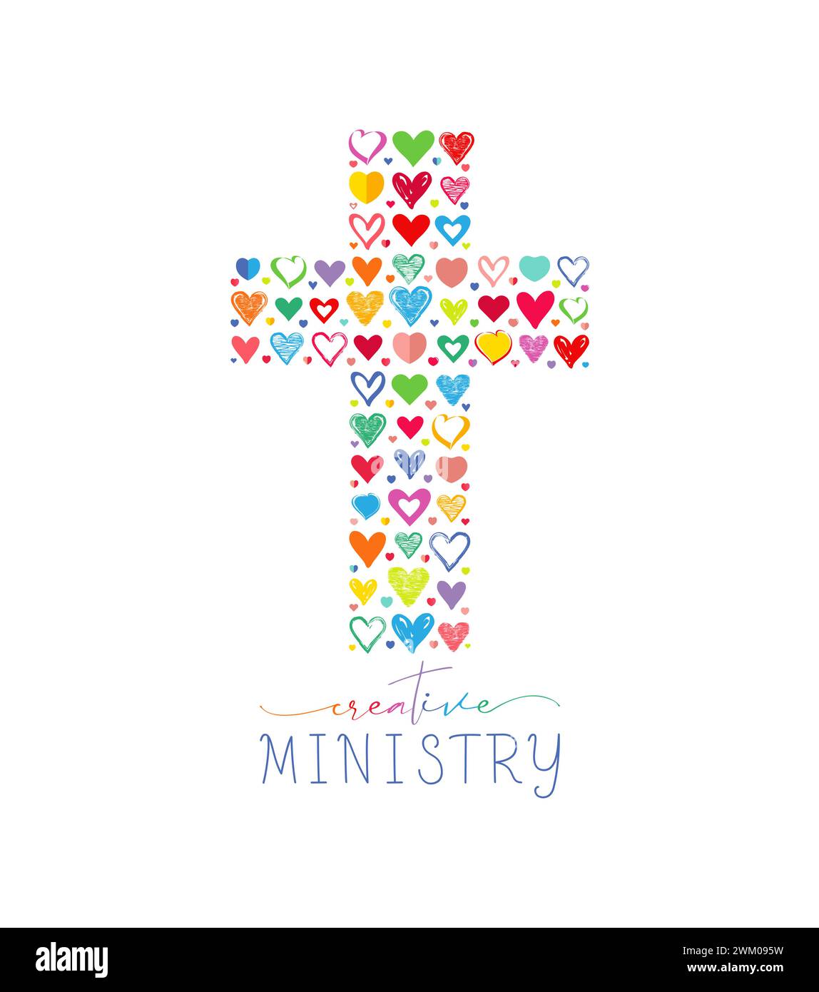 Mix creativo con un set di cuori colorati disegnati a mano. Concetto del logo del ministero cristiano. Simbolo carino della scuola domenicale. Elementi isolati. Design piatto Illustrazione Vettoriale