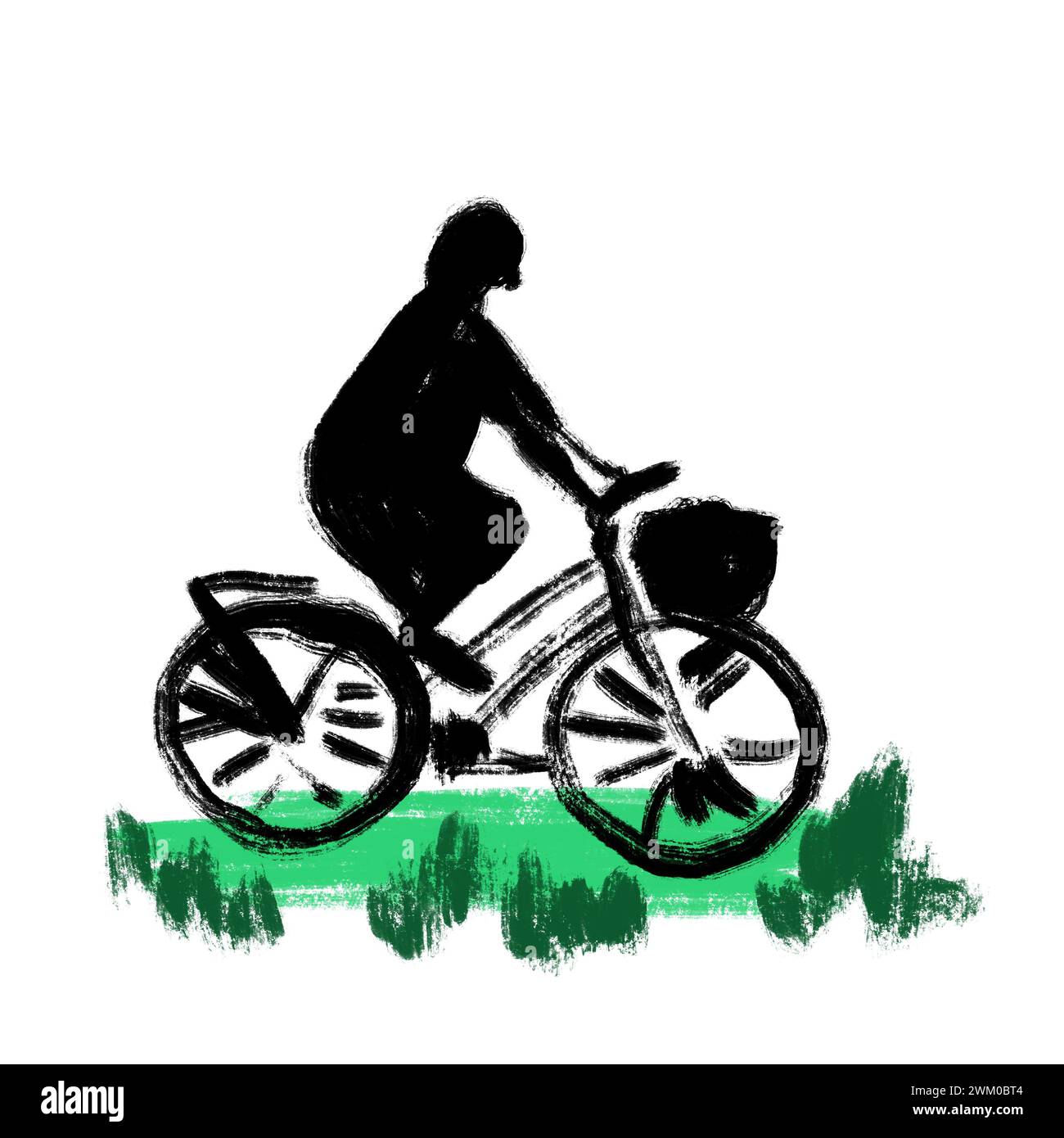 Illustrazione disegnata a mano di donna che va in bicicletta, silhouette nera con erba verde. Trasporto cittadino stampa, eco-concept attività ricreative all'aperto, corsa moderna attiva alla moda, stile sketch Foto Stock
