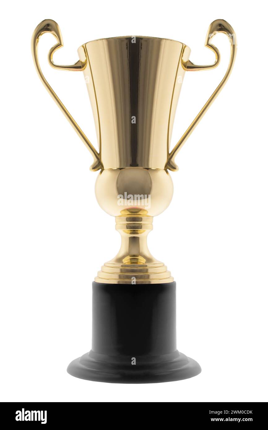 Trofeo in plastica oro su sfondo bianco Foto Stock