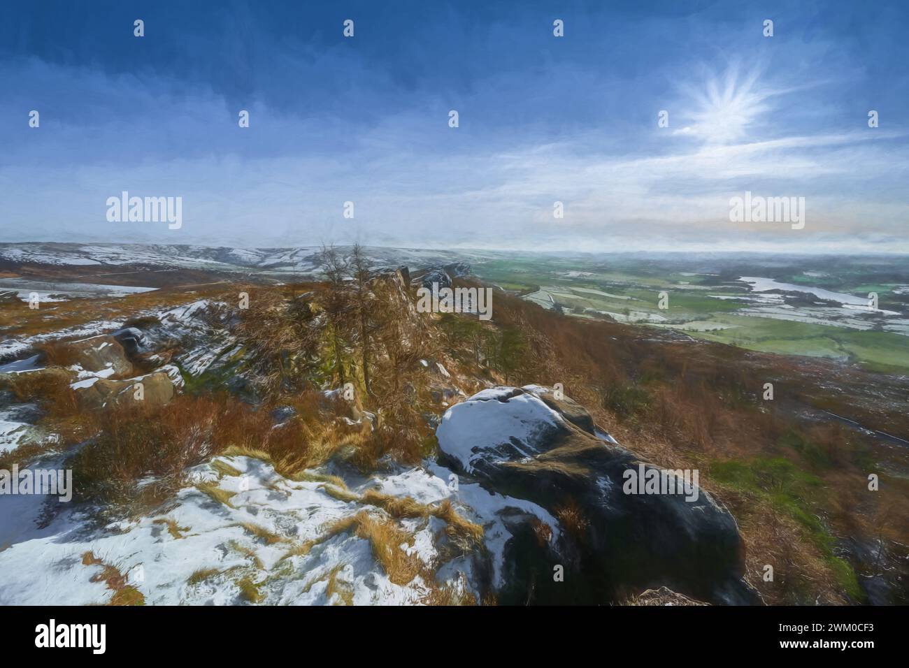 Un dipinto digitale ad olio di un paesaggio rurale invernale al Roaches nel Peak District National Park, Staffordshire, Inghilterra, Regno Unito. Foto Stock