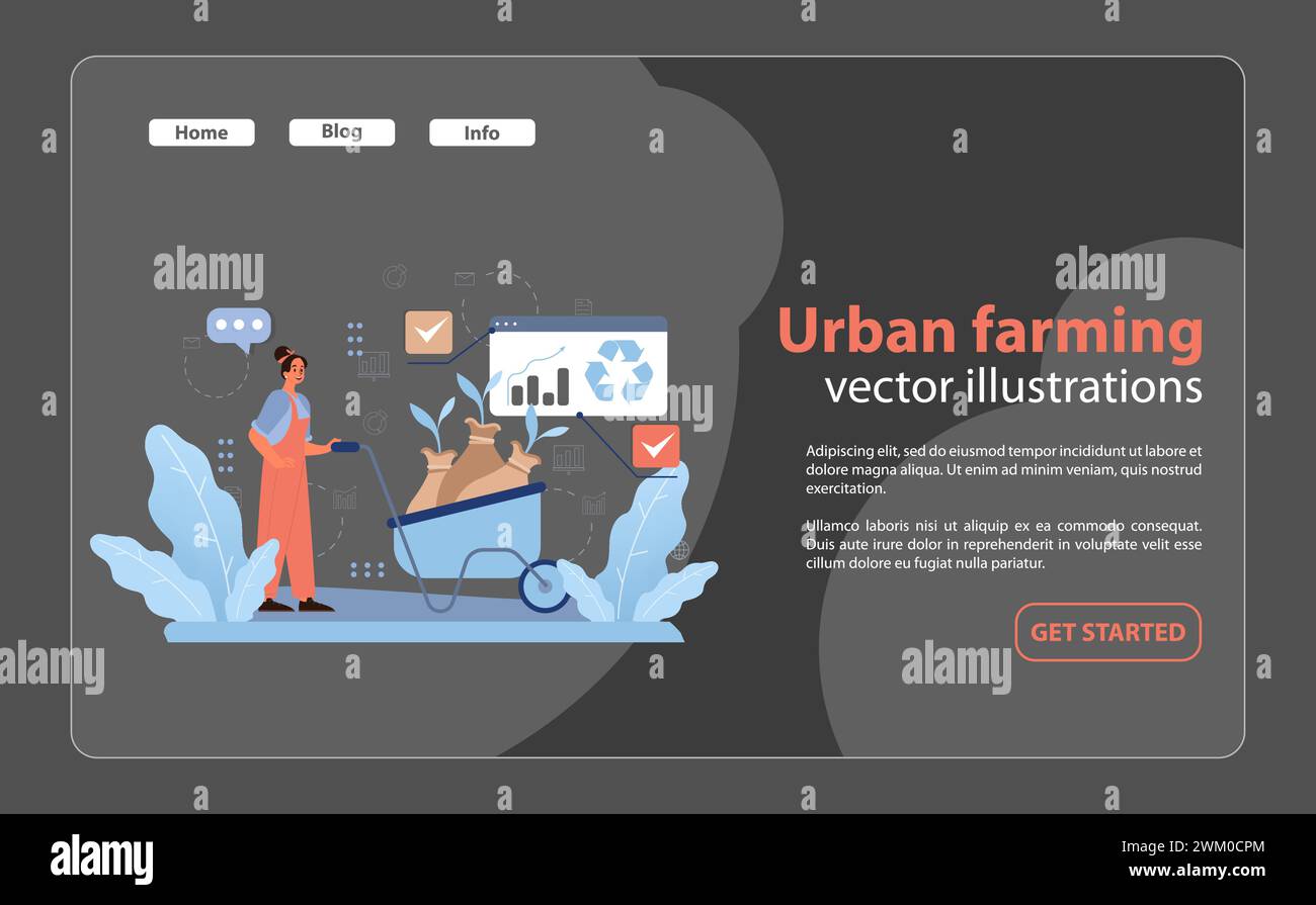 Donna energica con una carriola di compost, concentrata sull'agricoltura urbana sostenibile, circondata da attività digitali e simboli ecologici. Illustrazione vettoriale piatta Illustrazione Vettoriale